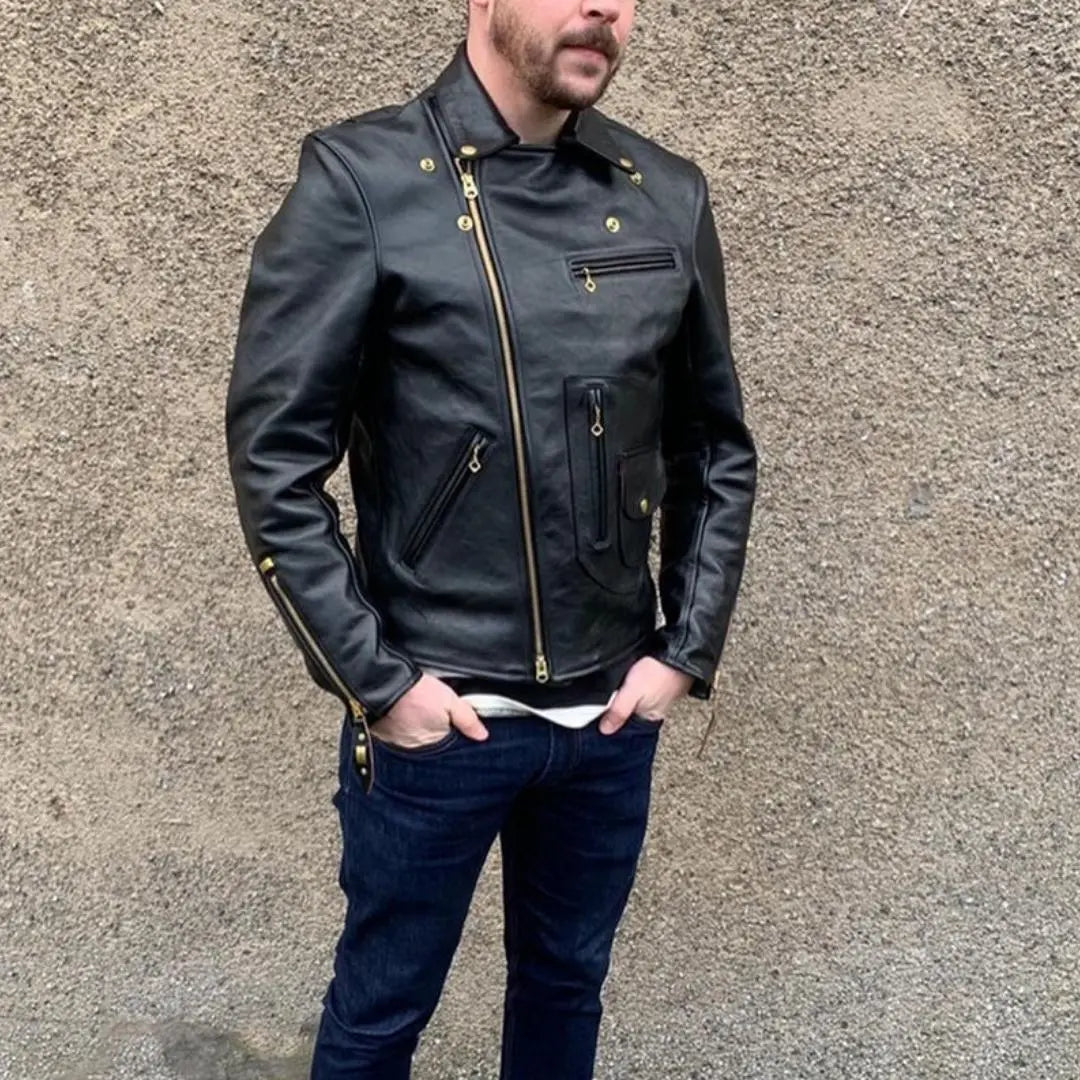 Snap Collar Biker Leather Jacket - FEASSA