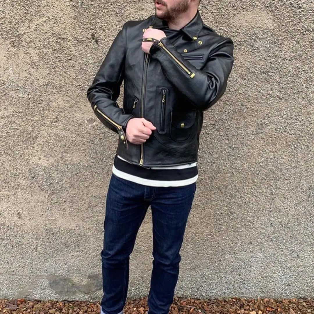 Snap Collar Biker Leather Jacket - FEASSA