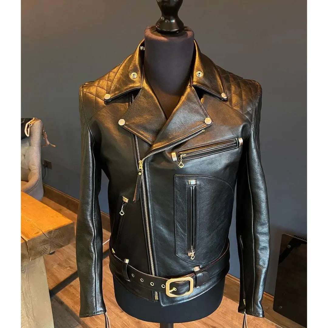 Quilted Shoulder Biker Leather Jacket - FEASSA