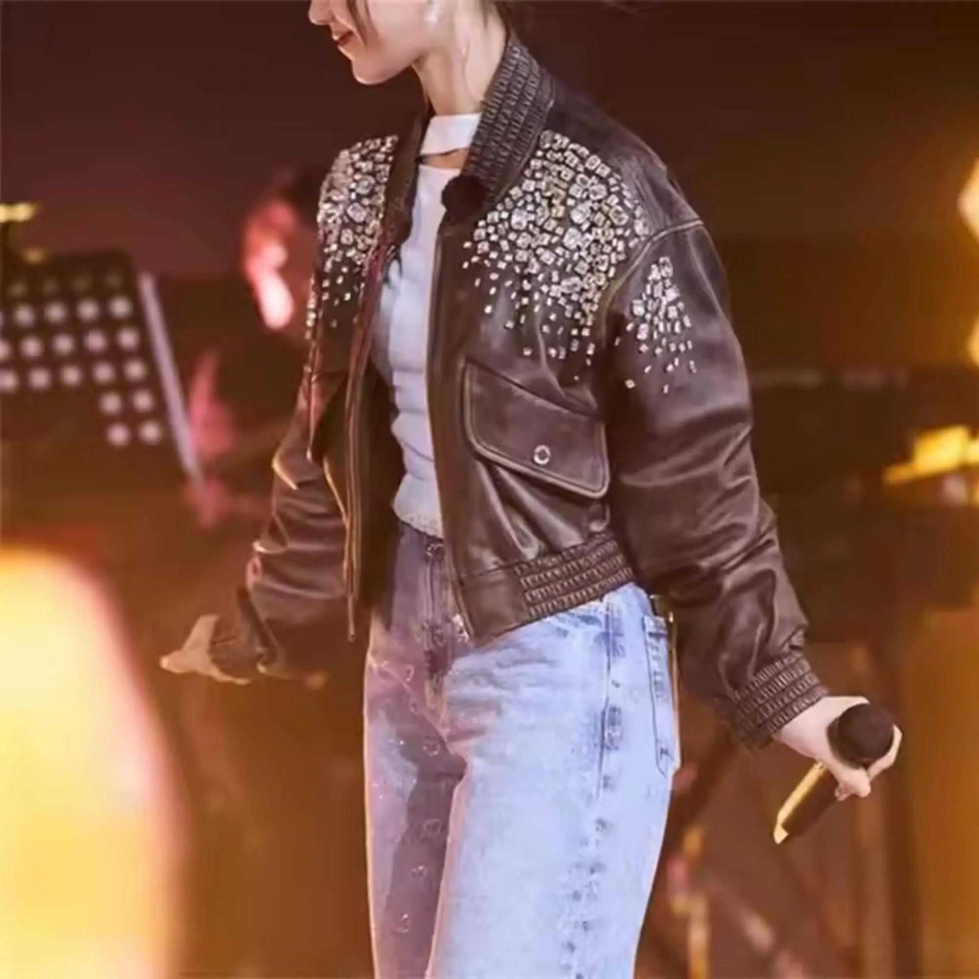 Black Crystal Leather Jacket - FEASSA