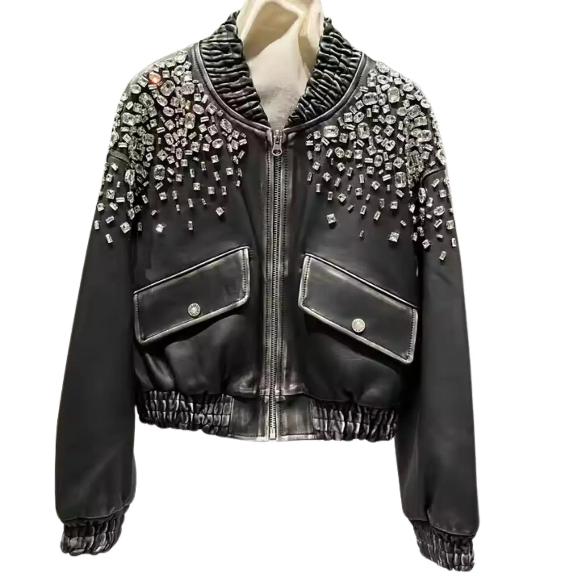 Black Crystal Leather Jacket - FEASSA