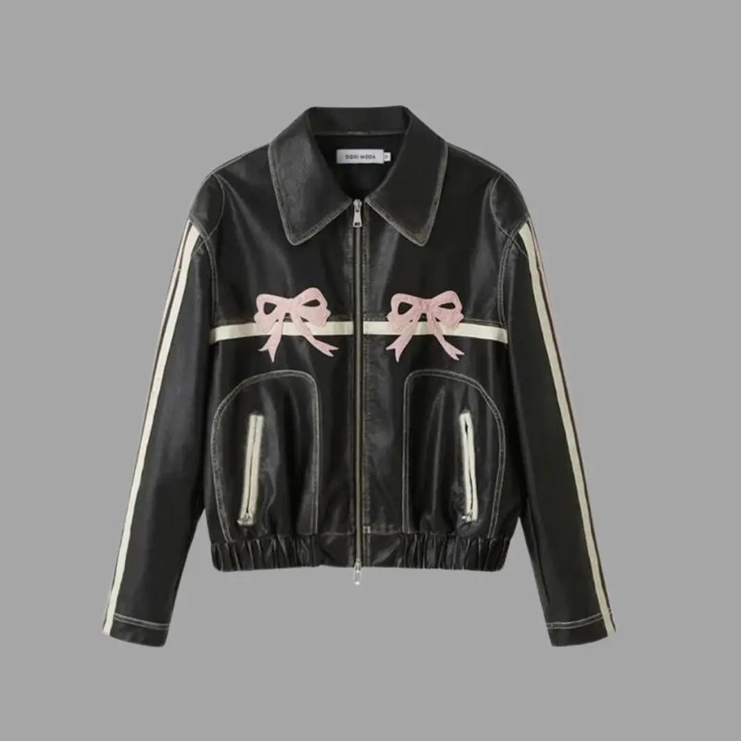 Baggy Style Pink Bow Leather Jacket - FEASSA