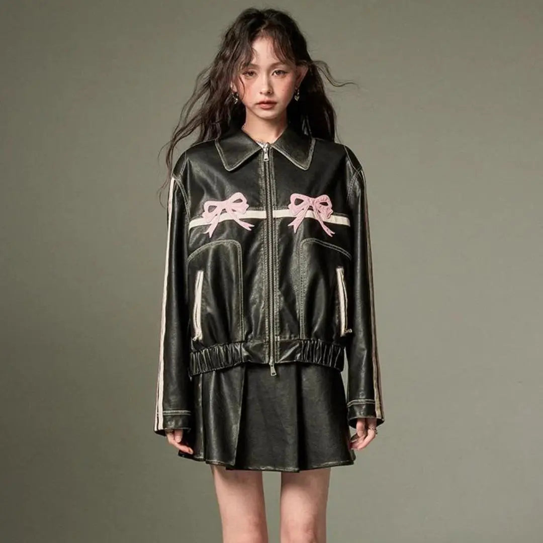Baggy Style Pink Bow Leather Jacket - FEASSA