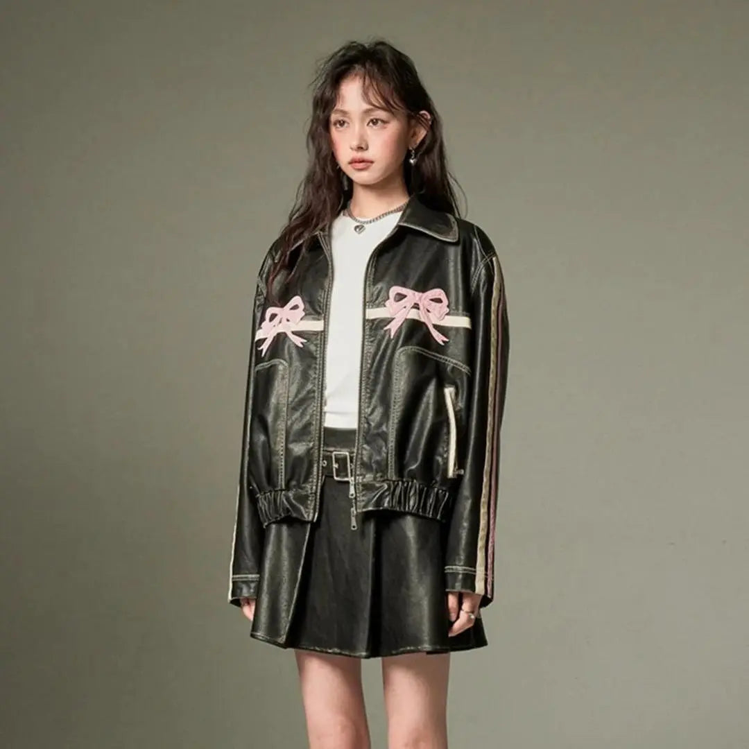 Baggy Style Pink Bow Leather Jacket - FEASSA