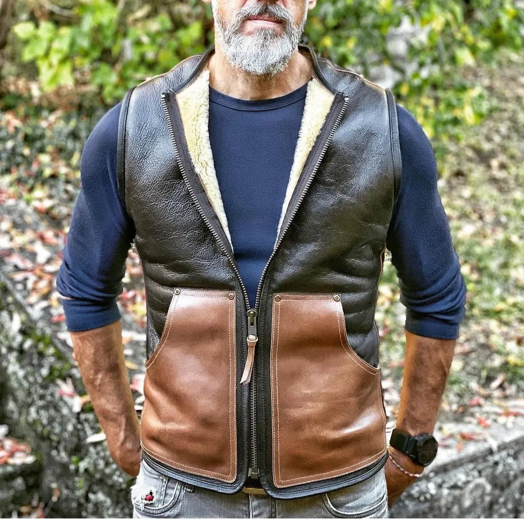 Brown Pockets Shearling Leather Vest - FEASSA