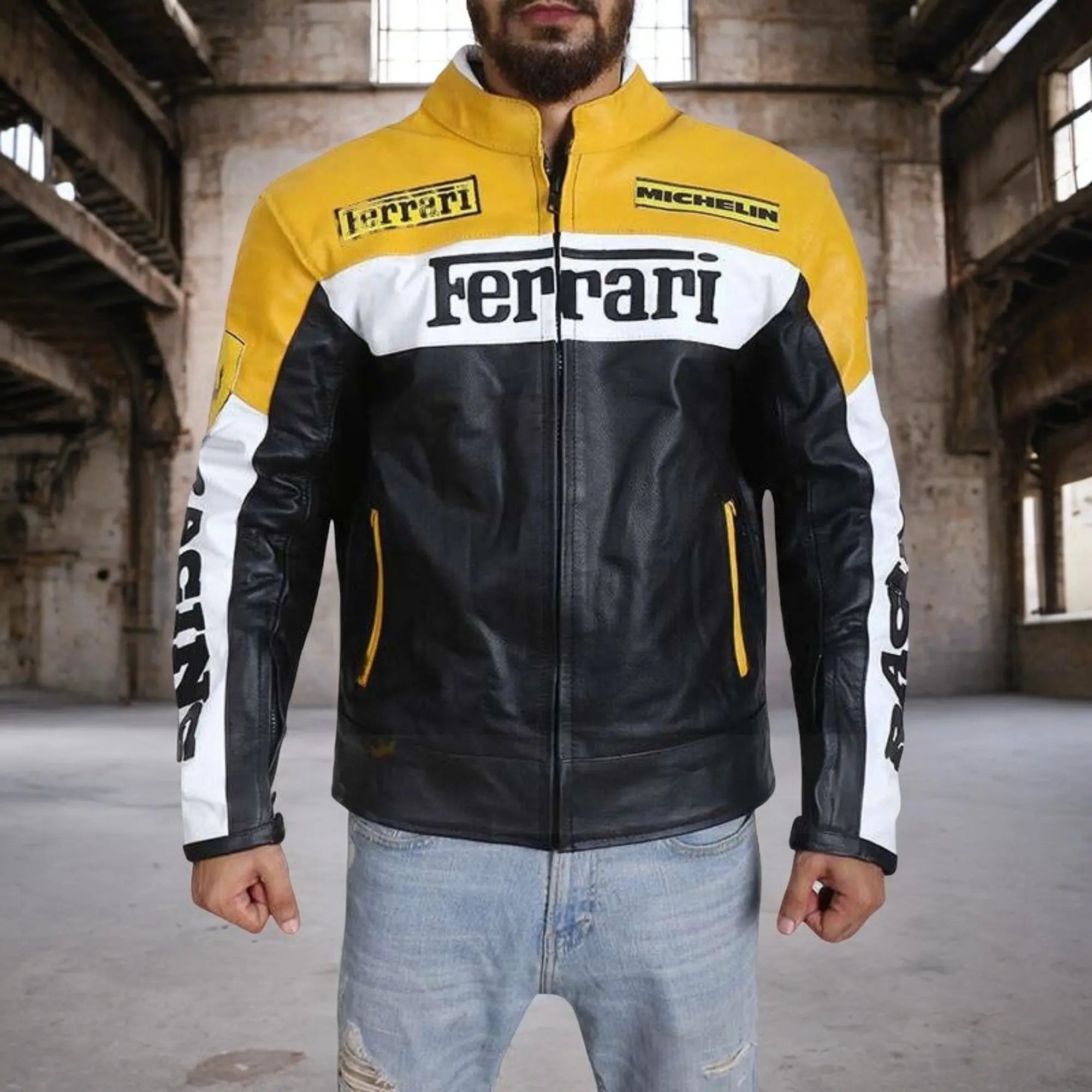 Ferrari Motorcycle Leather Jacket- Black & Yellow - FEASSA