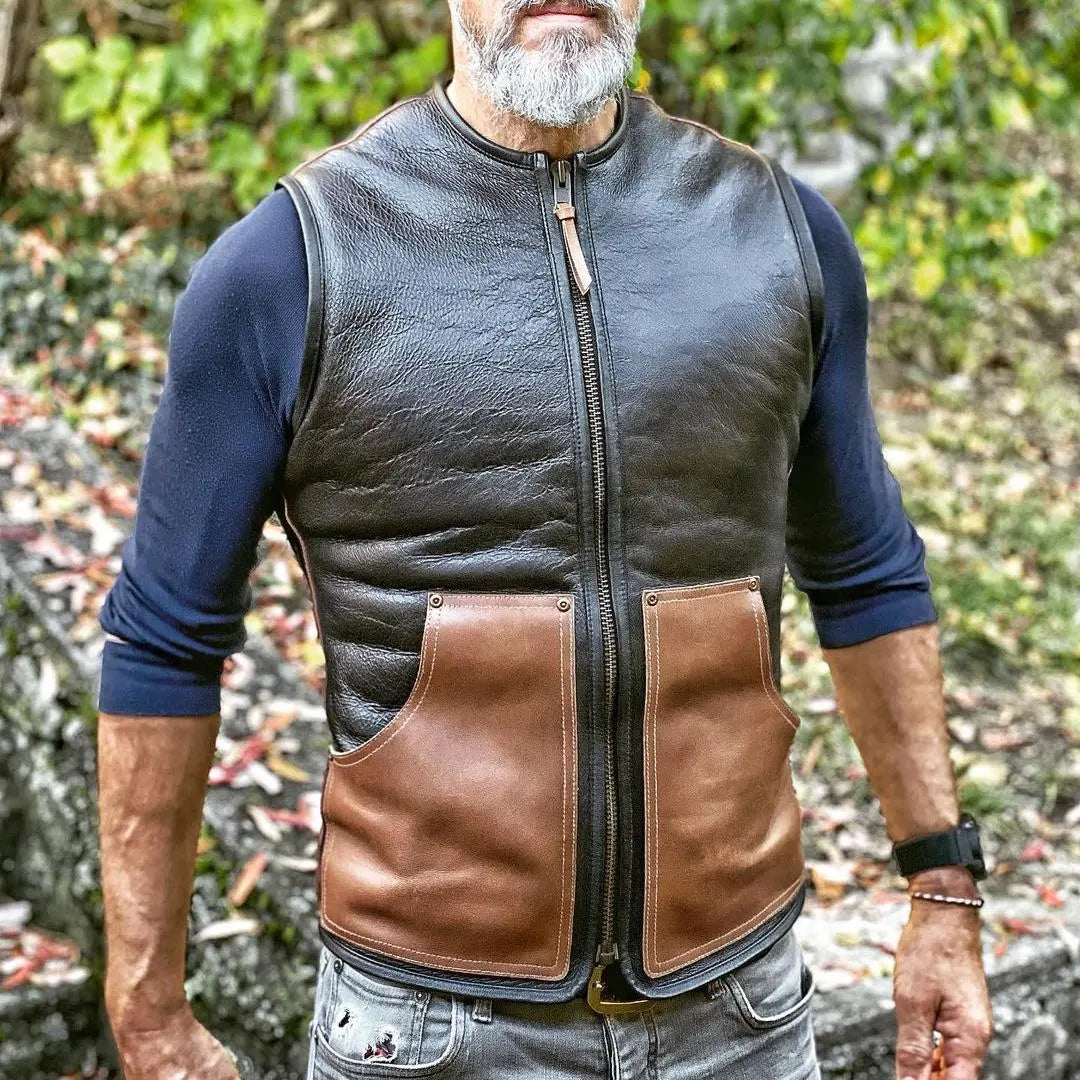 Brown Pockets Shearling Leather Vest - FEASSA