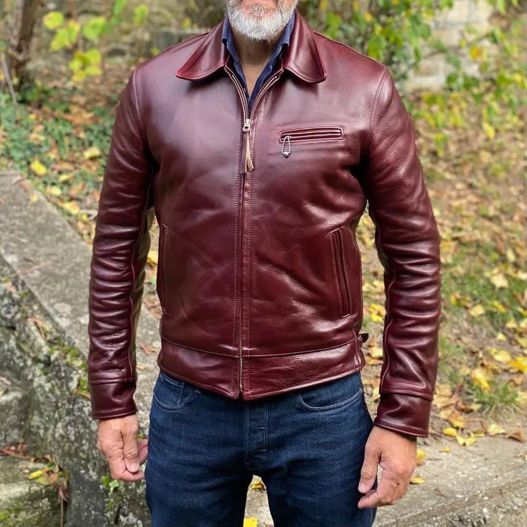 Shirt Collar Maroon Leather Jacket - FEASSA