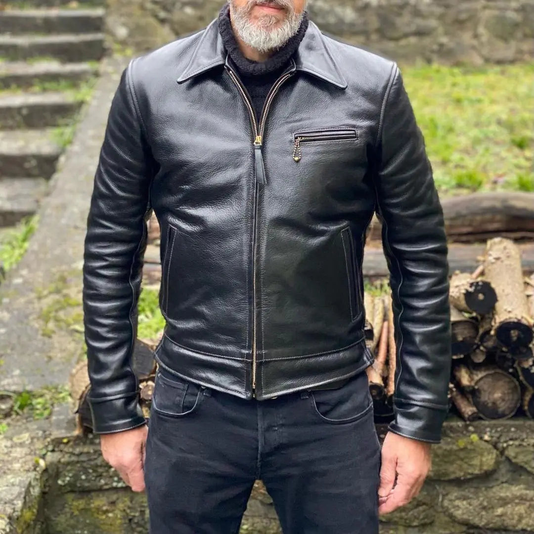Shirt Collar Black Leather Jacket - FEASSA