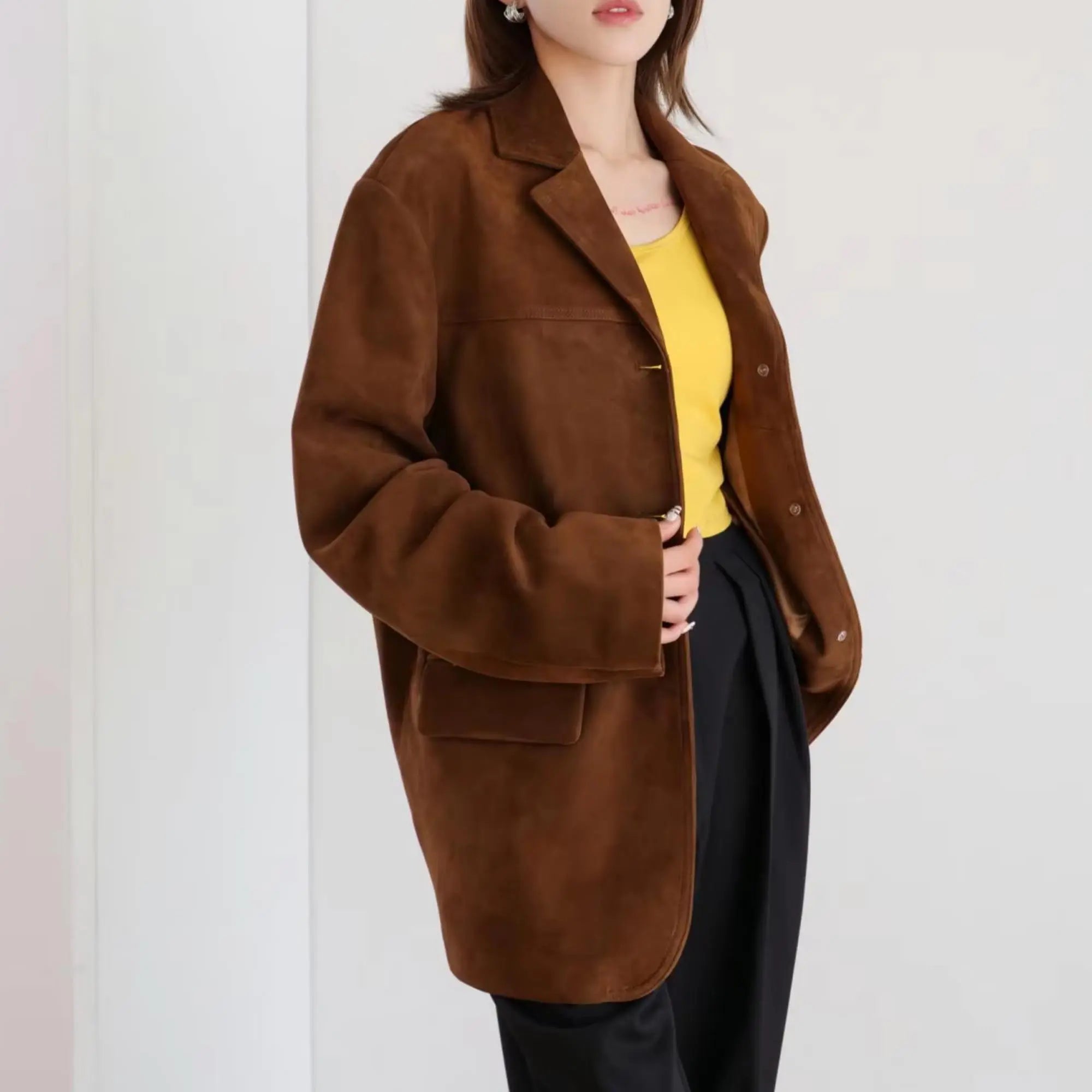 Brown Suede Leather Coat - FEASSA