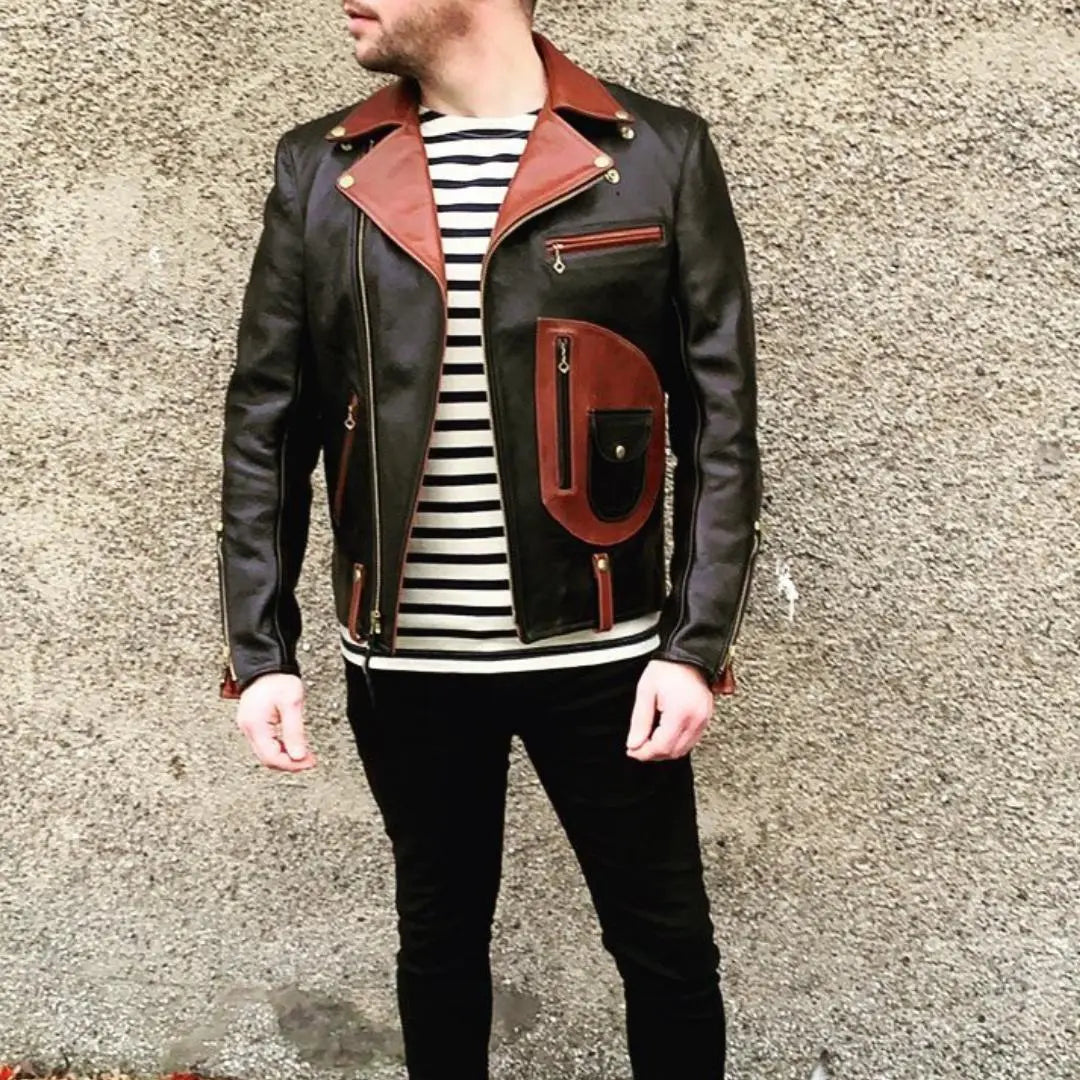 Two Tone Biker Leather Jacket - FEASSA