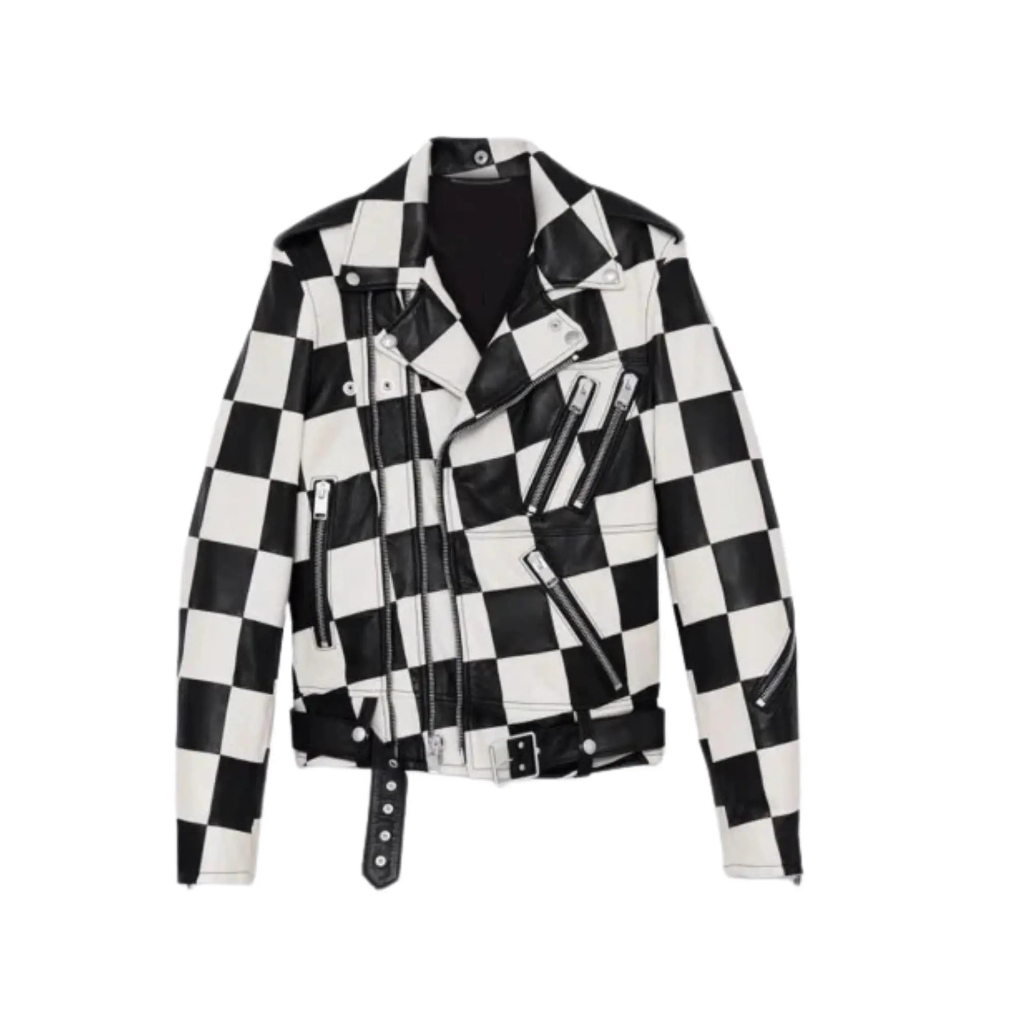 Belted CheckBoard Leather Jacket - FEASSA