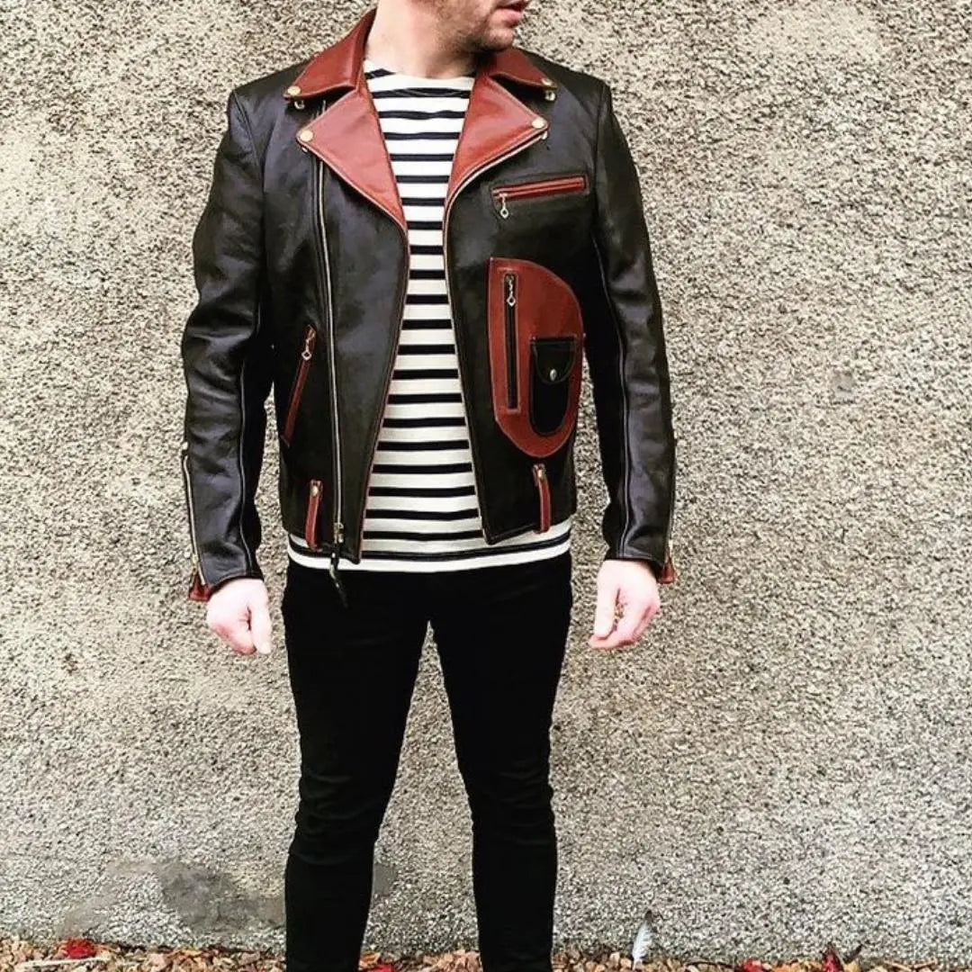 Two Tone Biker Leather Jacket - FEASSA