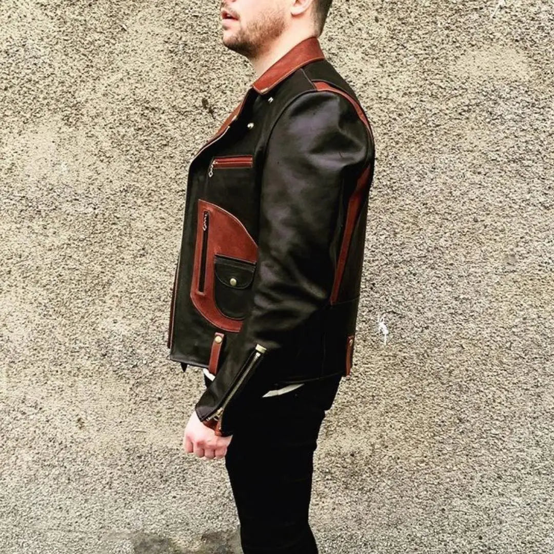 Two Tone Biker Leather Jacket - FEASSA