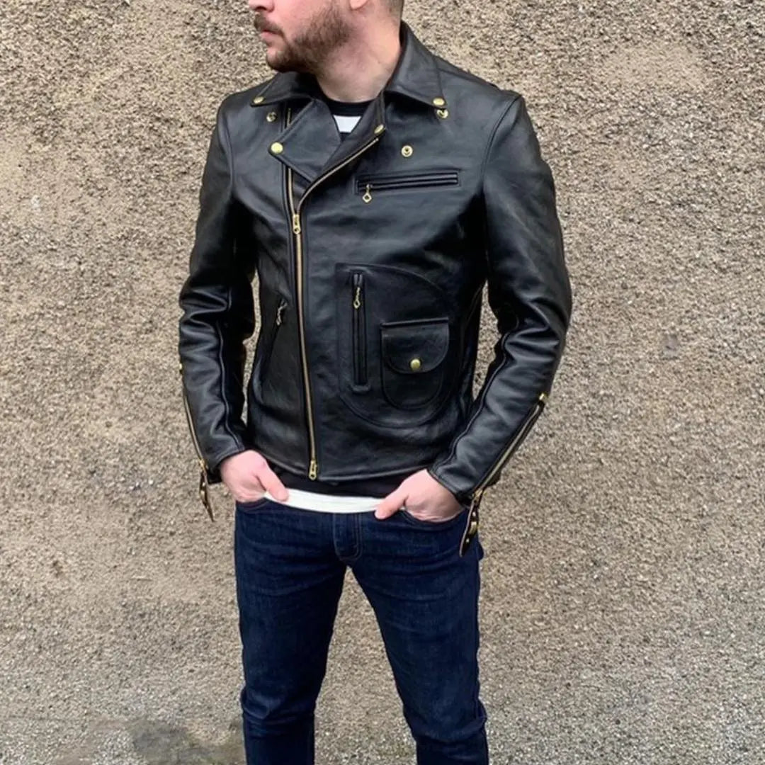 Snap Collar Biker Leather Jacket - FEASSA