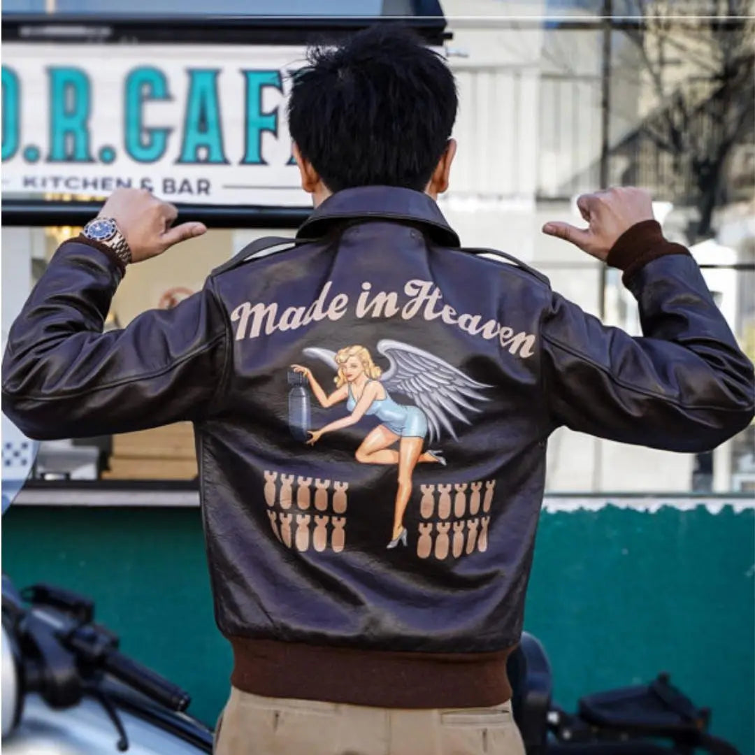 Made in Heaven Brown Leather Bomber Jacket - FEASSA