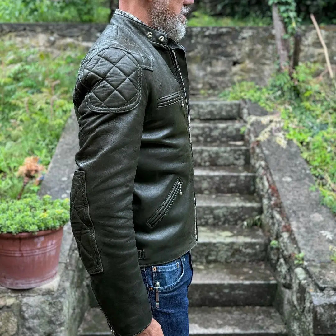 Quilted Shoulders Green Leather Jacket - FEASSA