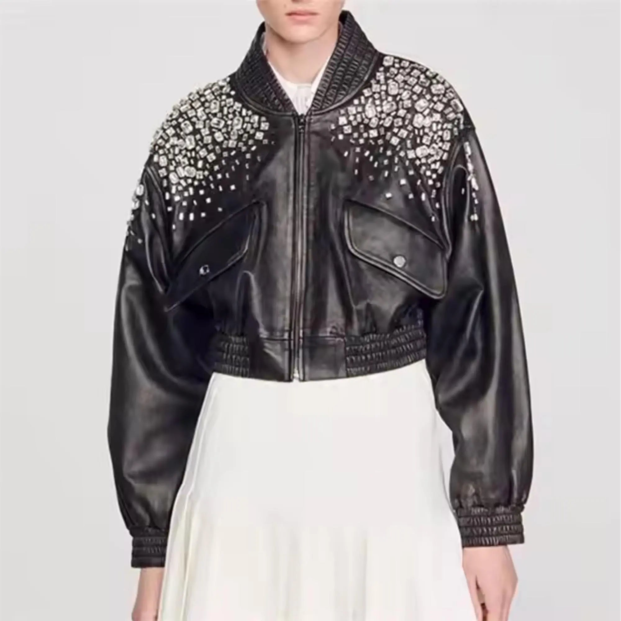 Black Crystal Leather Jacket - FEASSA