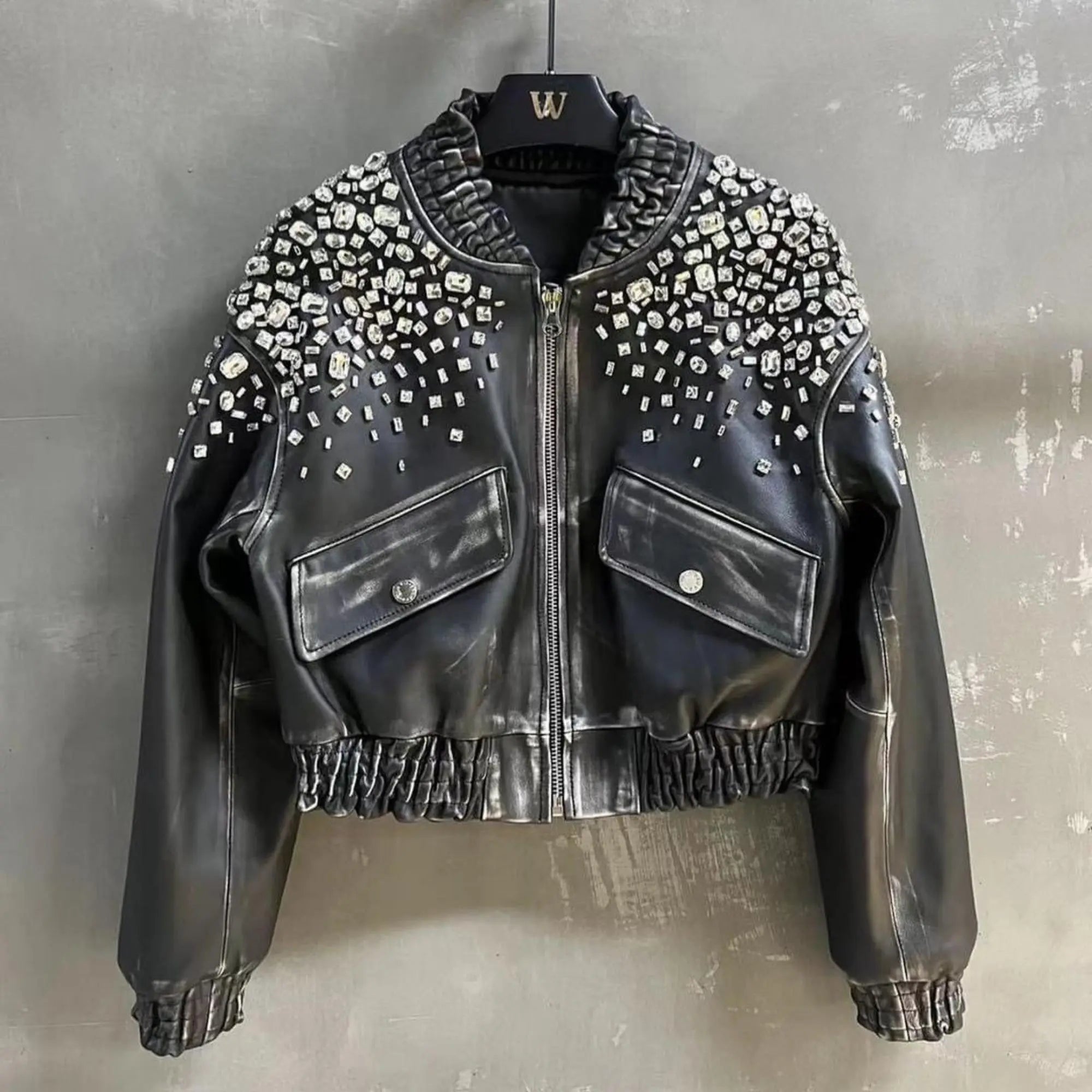 Black Crystal Leather Jacket - FEASSA