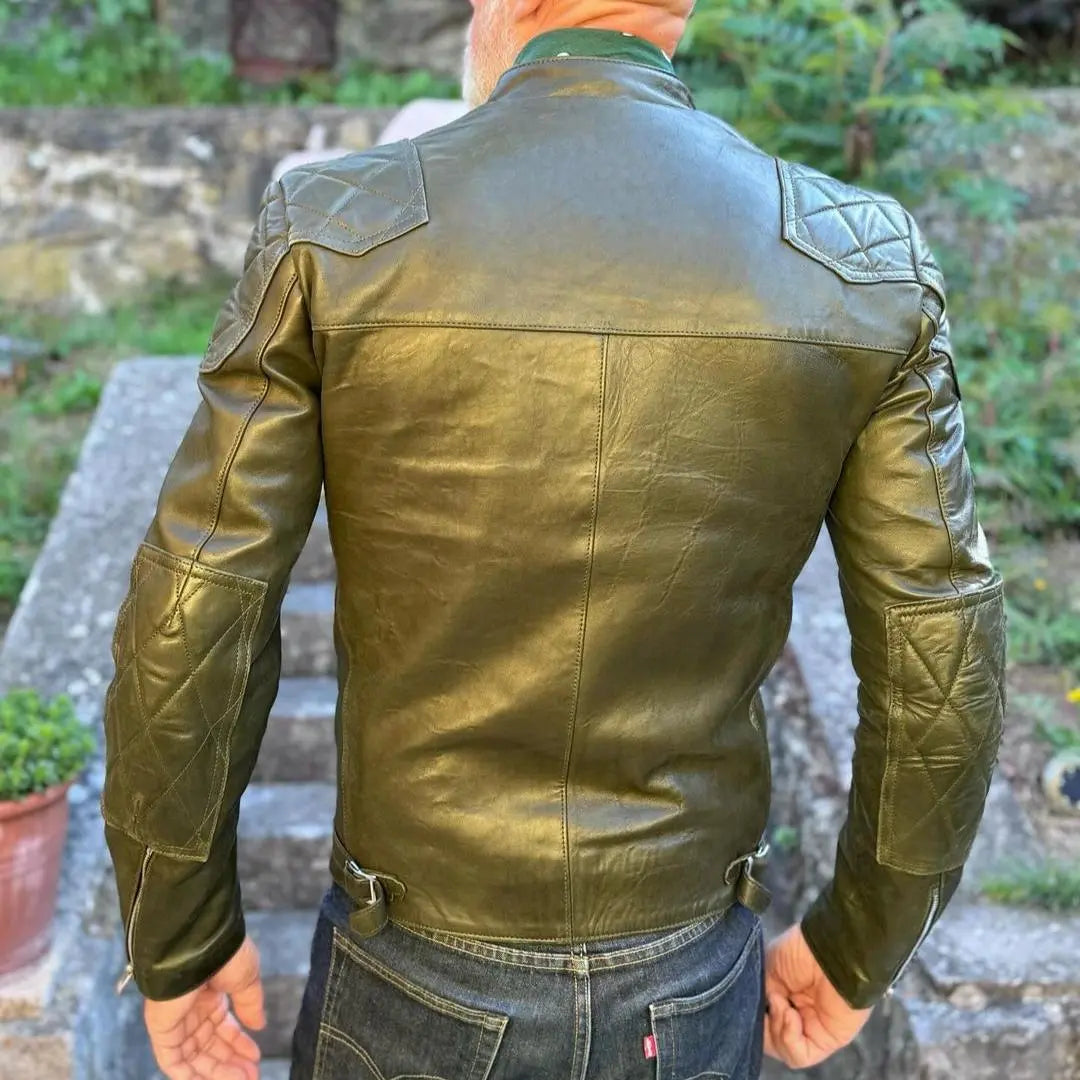 Quilted Shoulders Green Leather Jacket - FEASSA