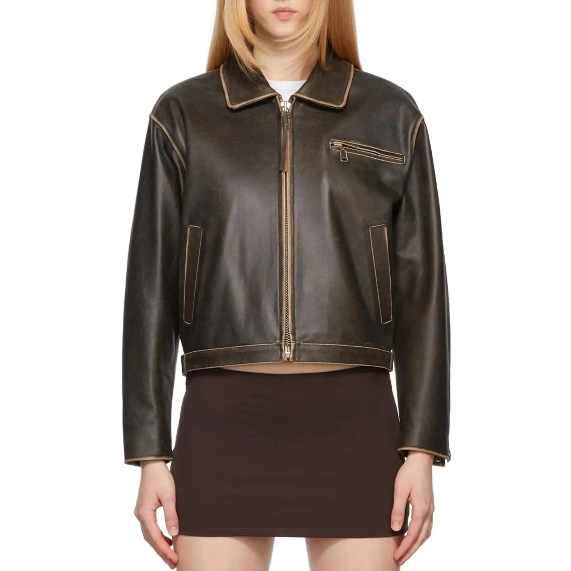 Distressed Brown Leather Jacket - FEASSA