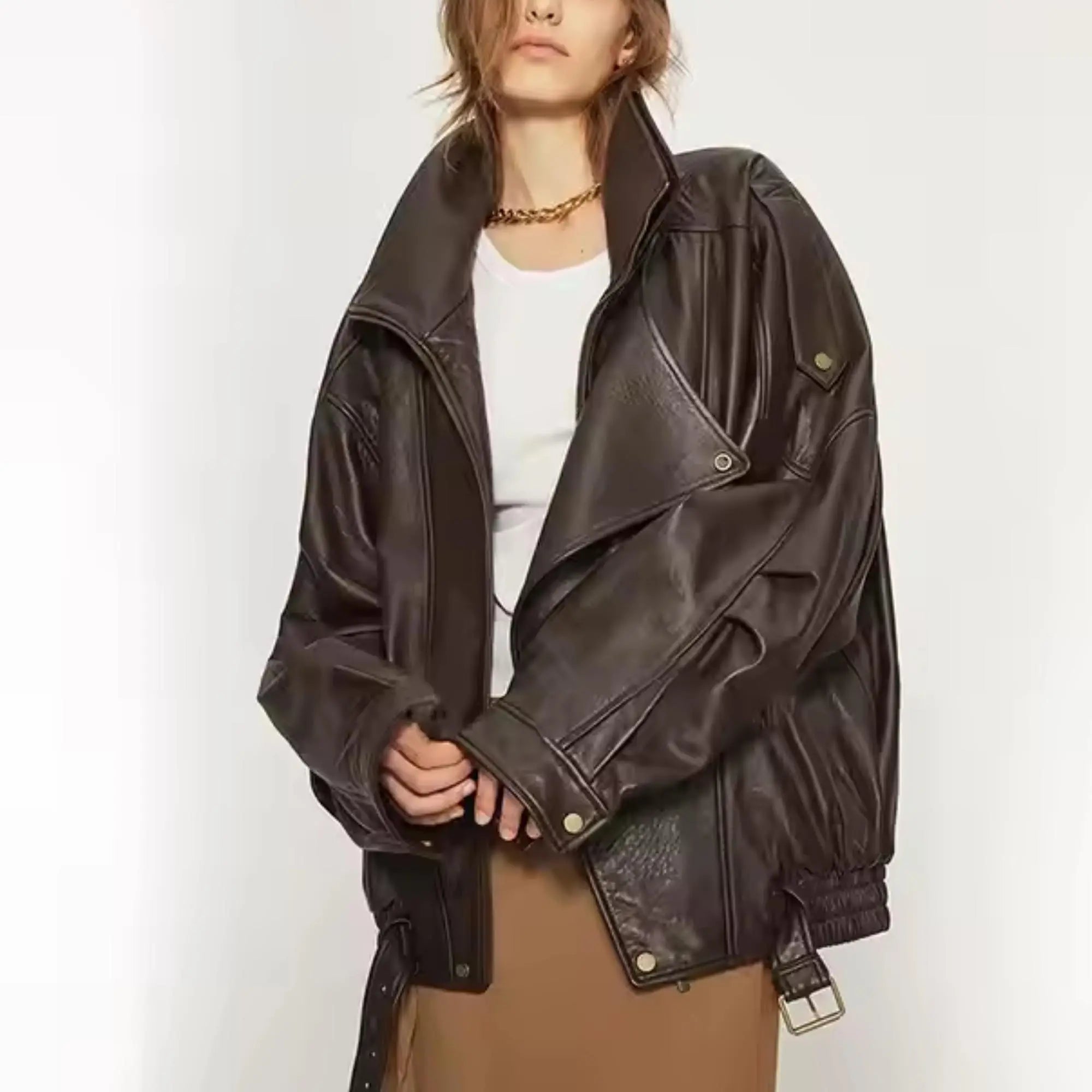 Brown Oversized Bomber Leather Jacket - FEASSA