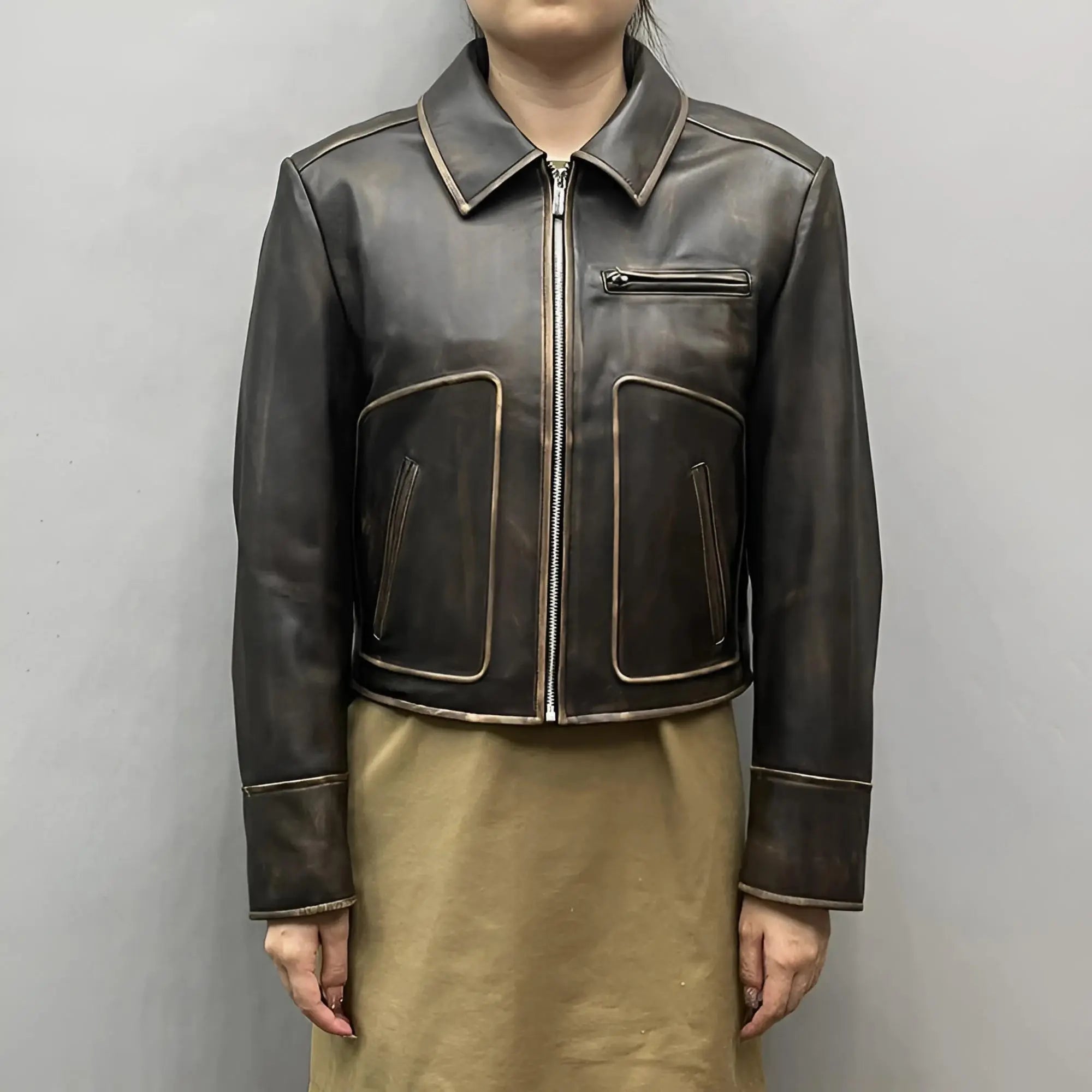 Lana Distressed Brown Leather Jacket - FEASSA