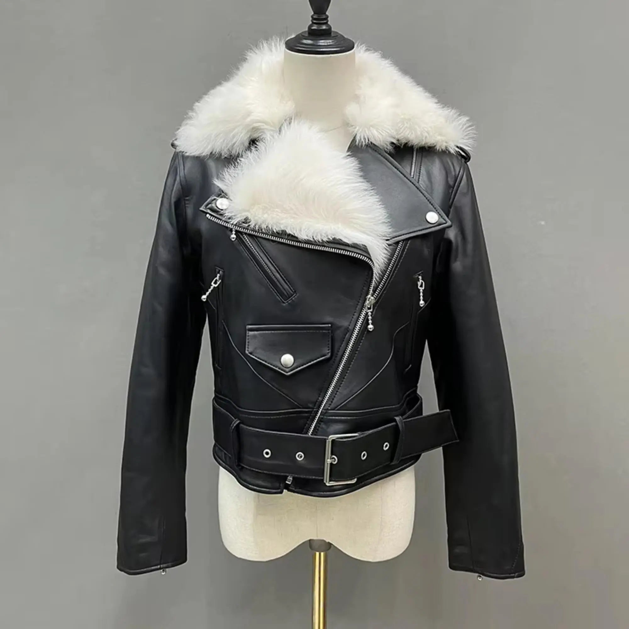 Fur Collar Biker Leather Jacket - FEASSA