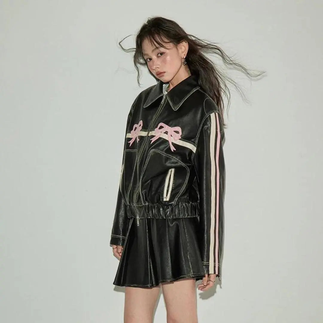 Baggy Style Pink Bow Leather Jacket - FEASSA