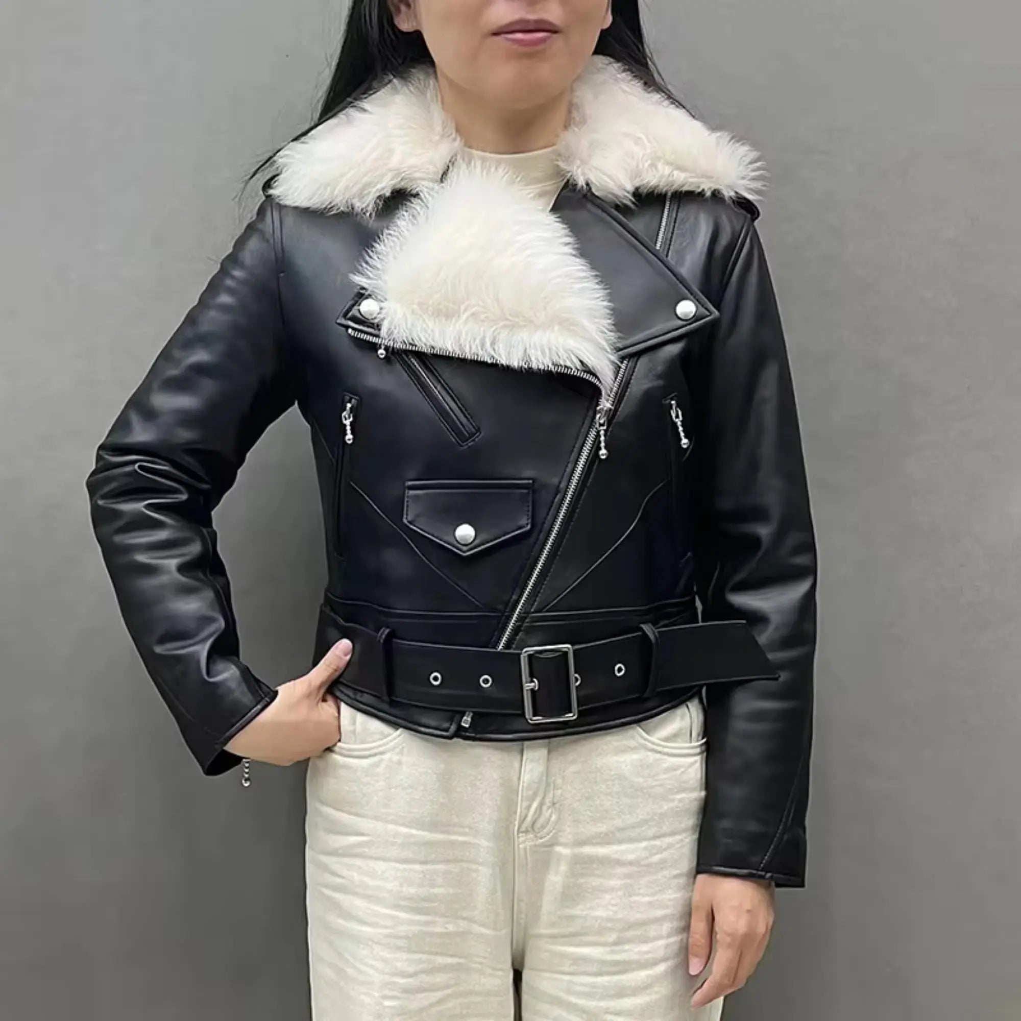 Fur Collar Biker Leather Jacket - FEASSA