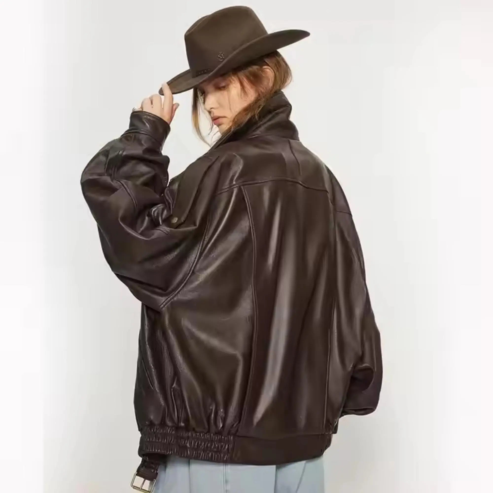 Brown Oversized Bomber Leather Jacket - FEASSA