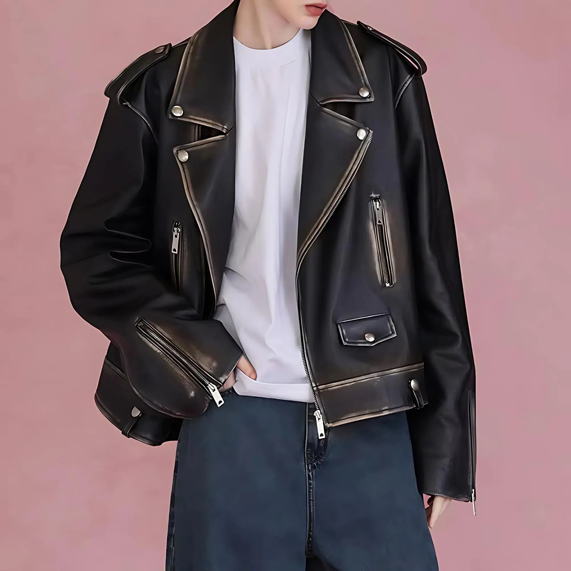 Distressed Biker Leather Jacket - FEASSA