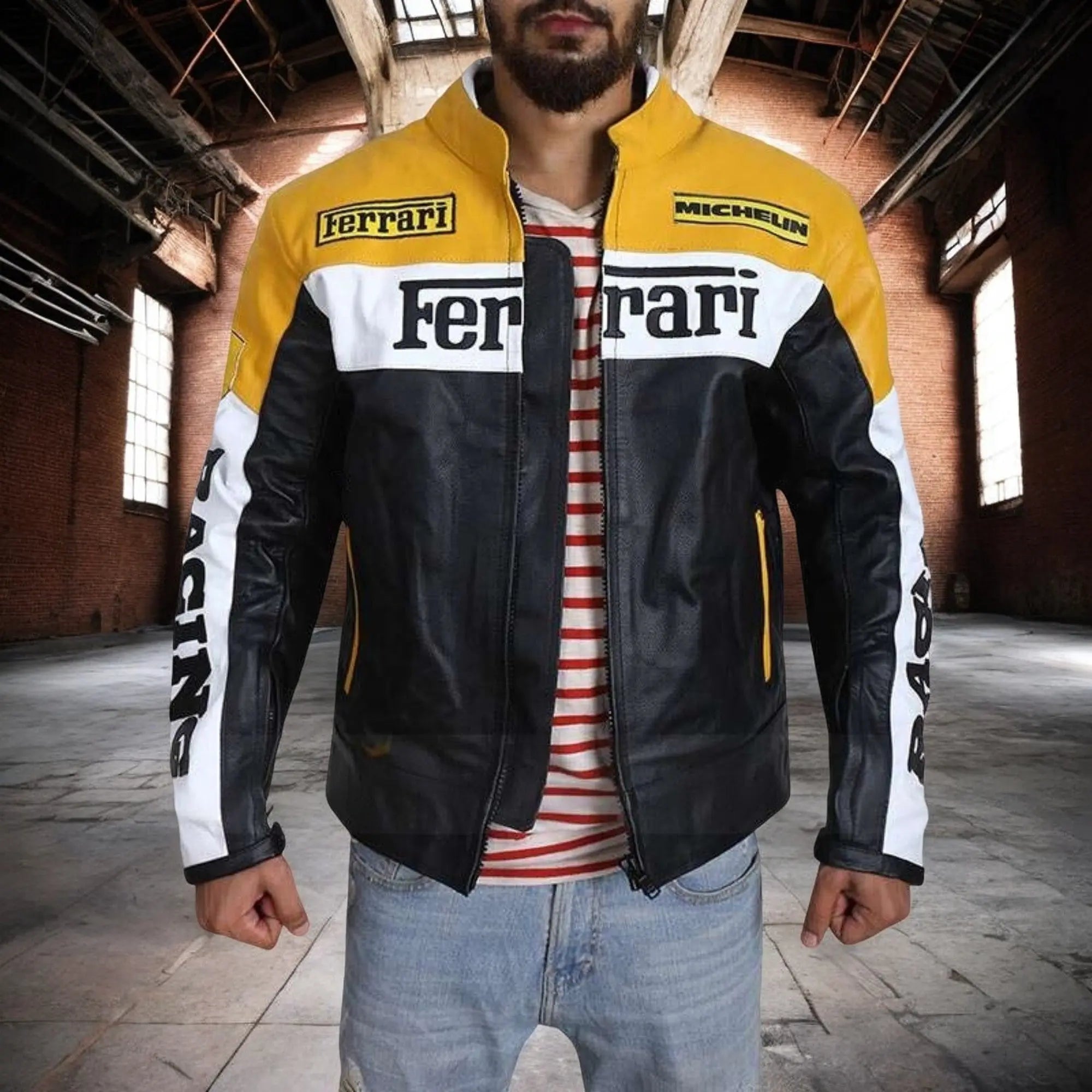 Ferrari Motorcycle Leather Jacket- Black & Yellow - FEASSA