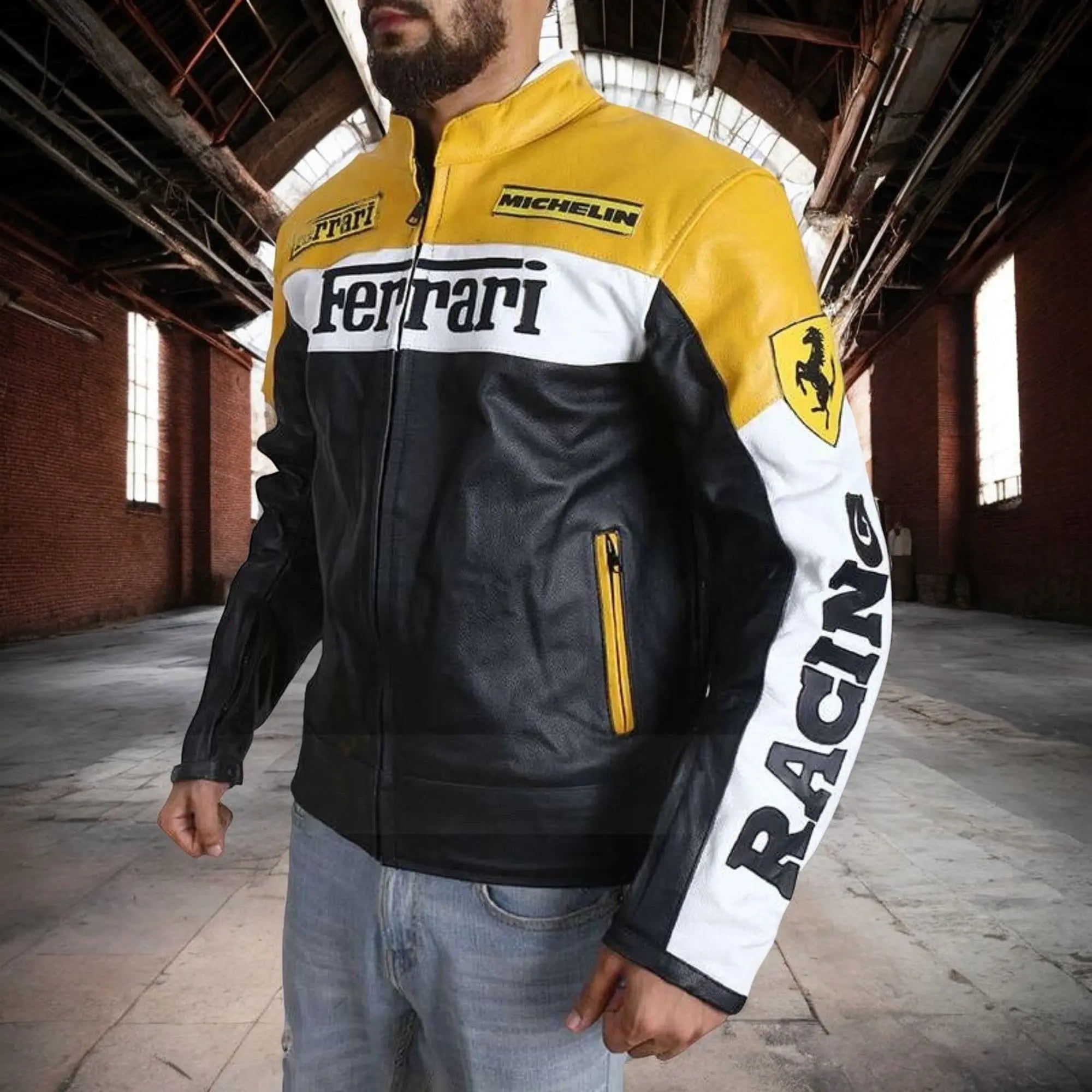 Ferrari Motorcycle Leather Jacket- Black & Yellow - FEASSA