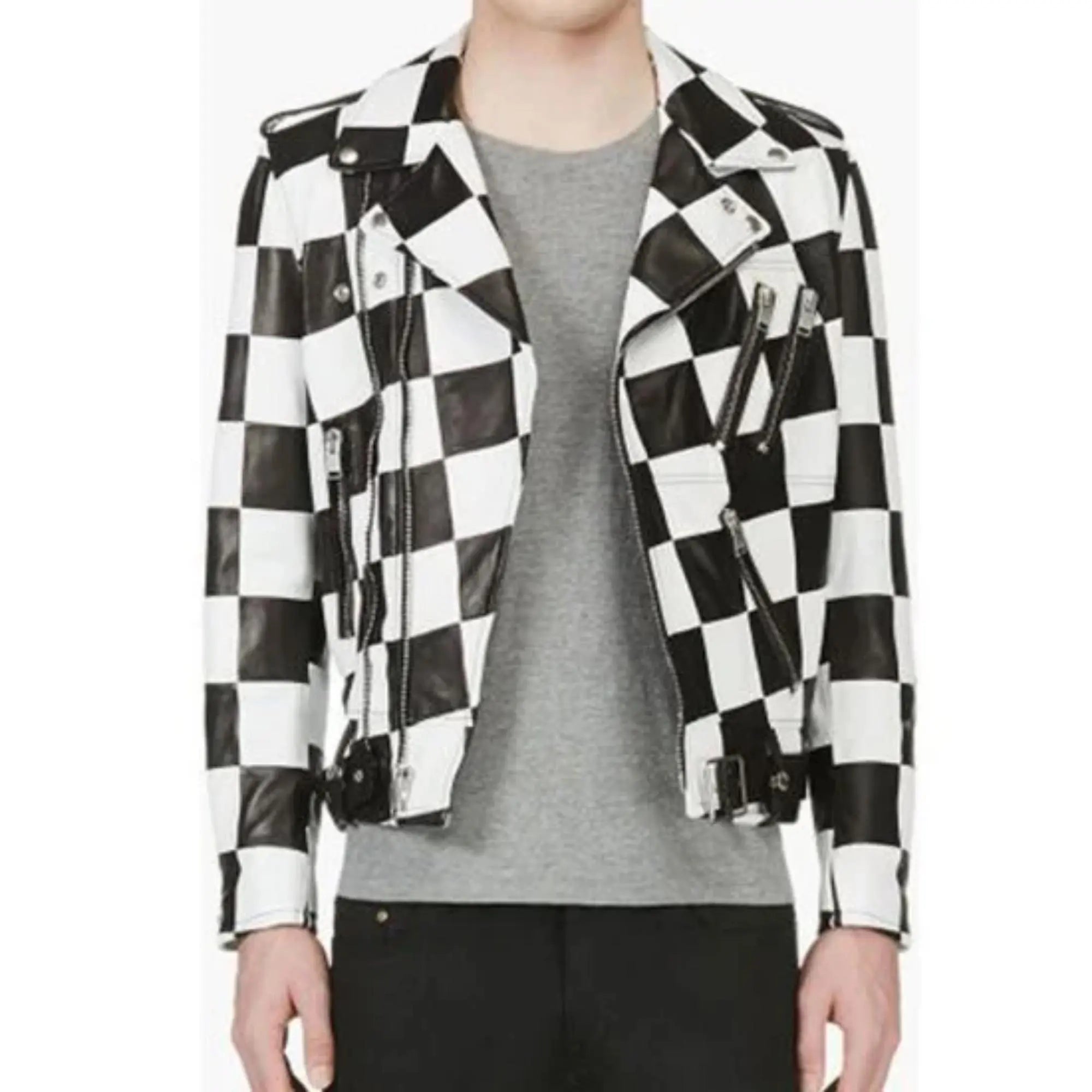 Belted CheckBoard Leather Jacket - FEASSA