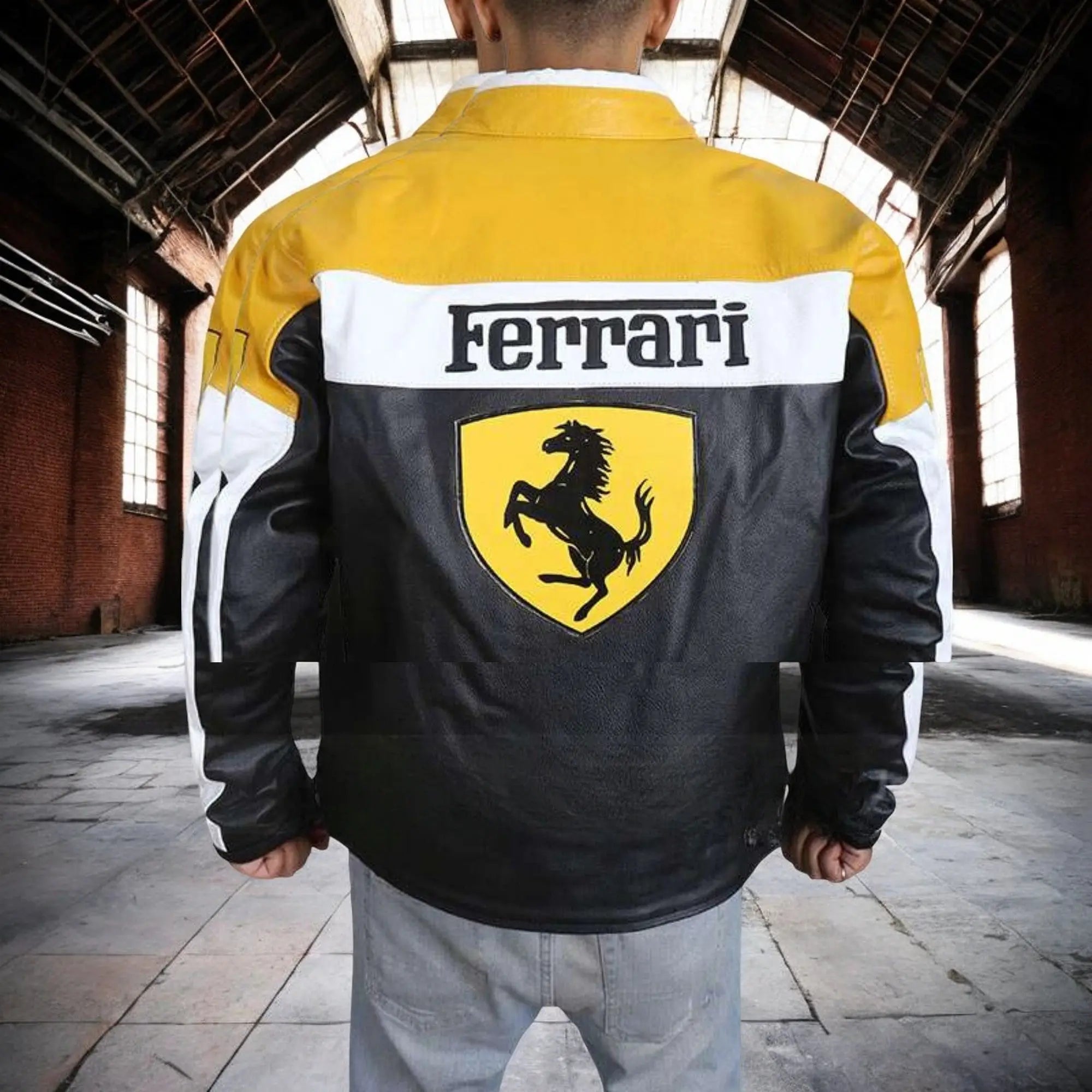 Ferrari Motorcycle Leather Jacket- Black & Yellow - FEASSA