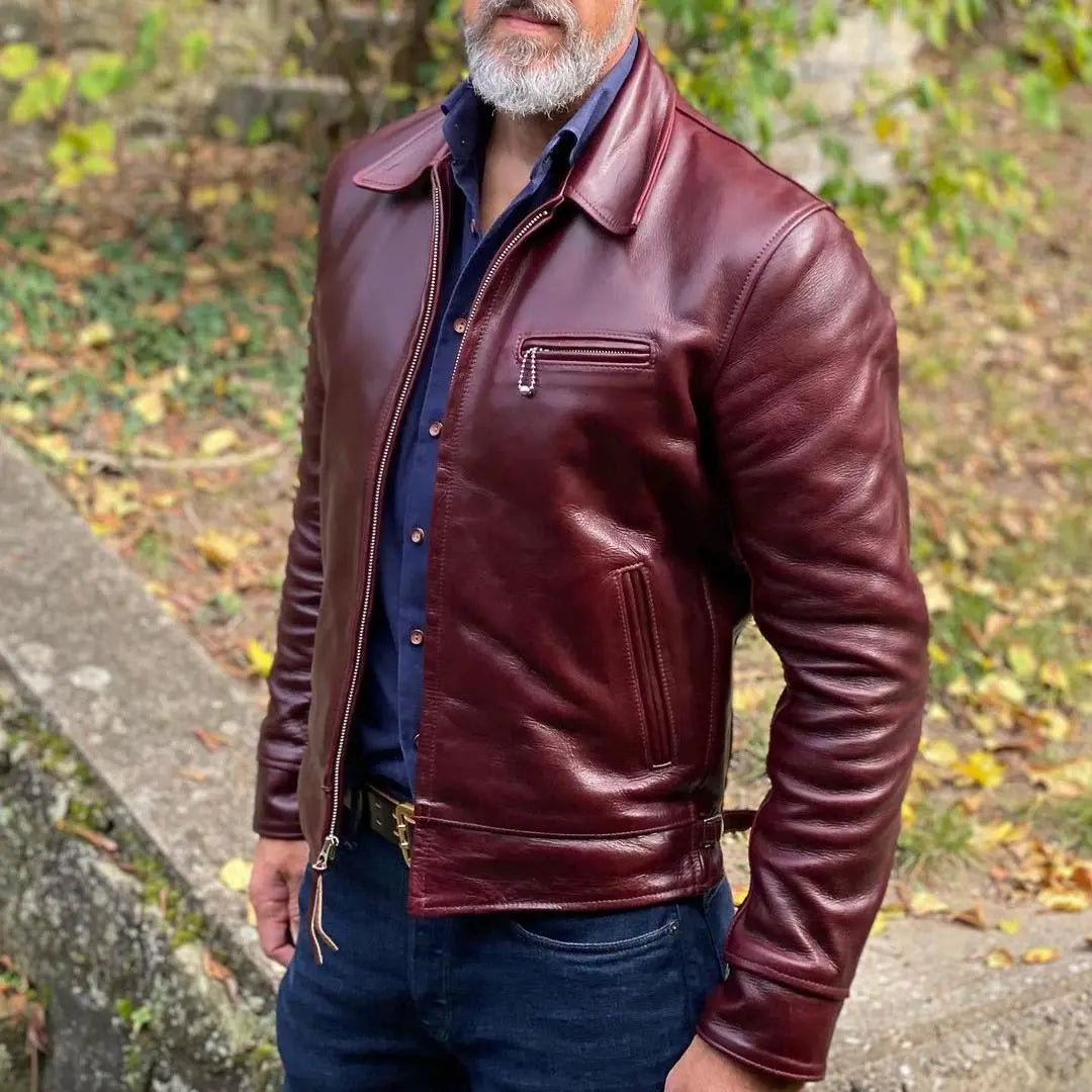 Shirt Collar Maroon Leather Jacket - FEASSA