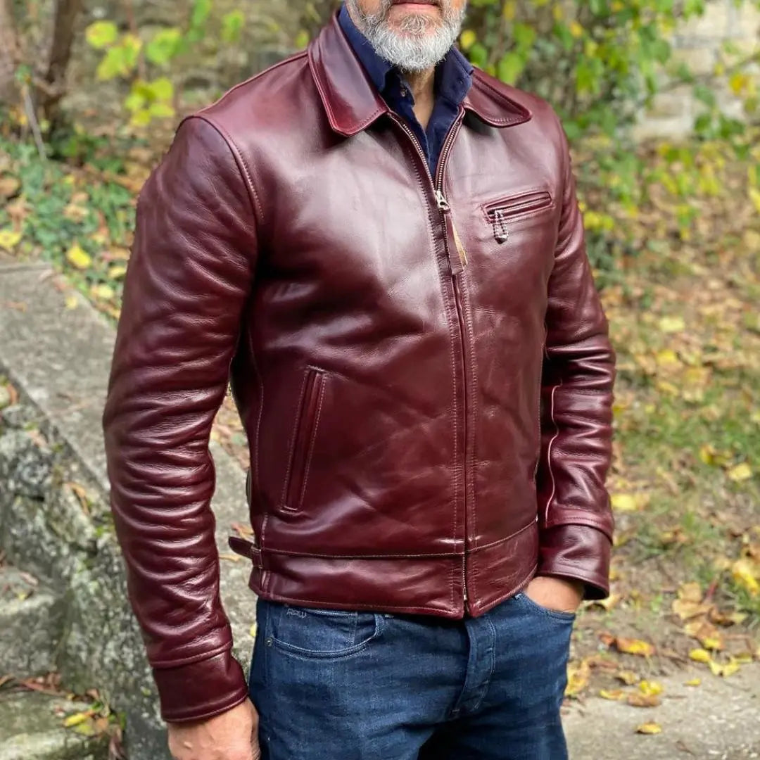 Shirt Collar Maroon Leather Jacket - FEASSA