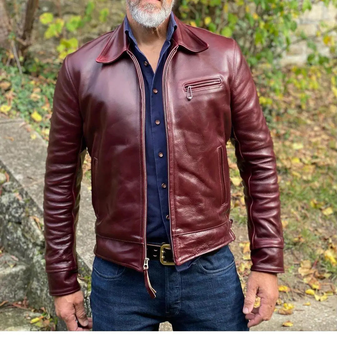 Shirt Collar Maroon Leather Jacket - FEASSA