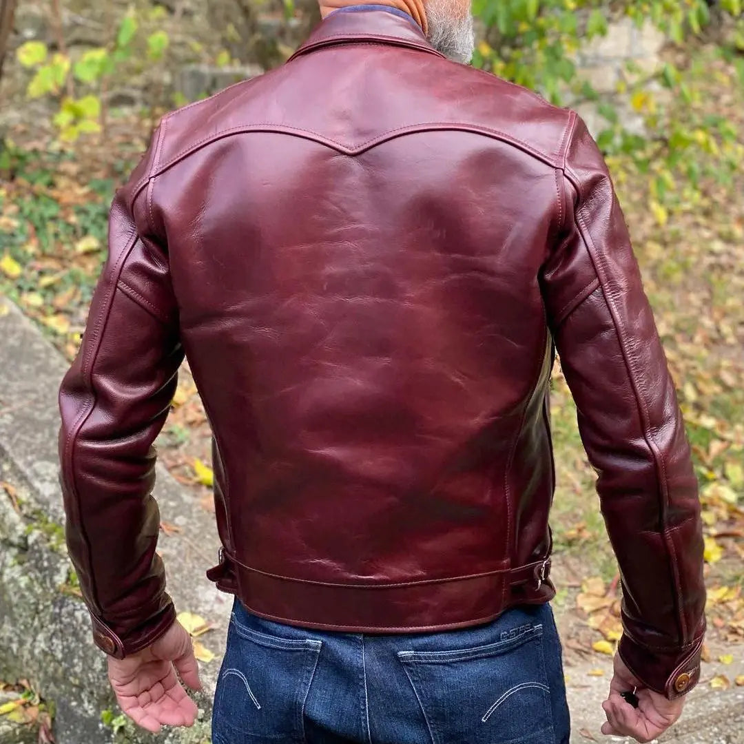 Shirt Collar Maroon Leather Jacket - FEASSA