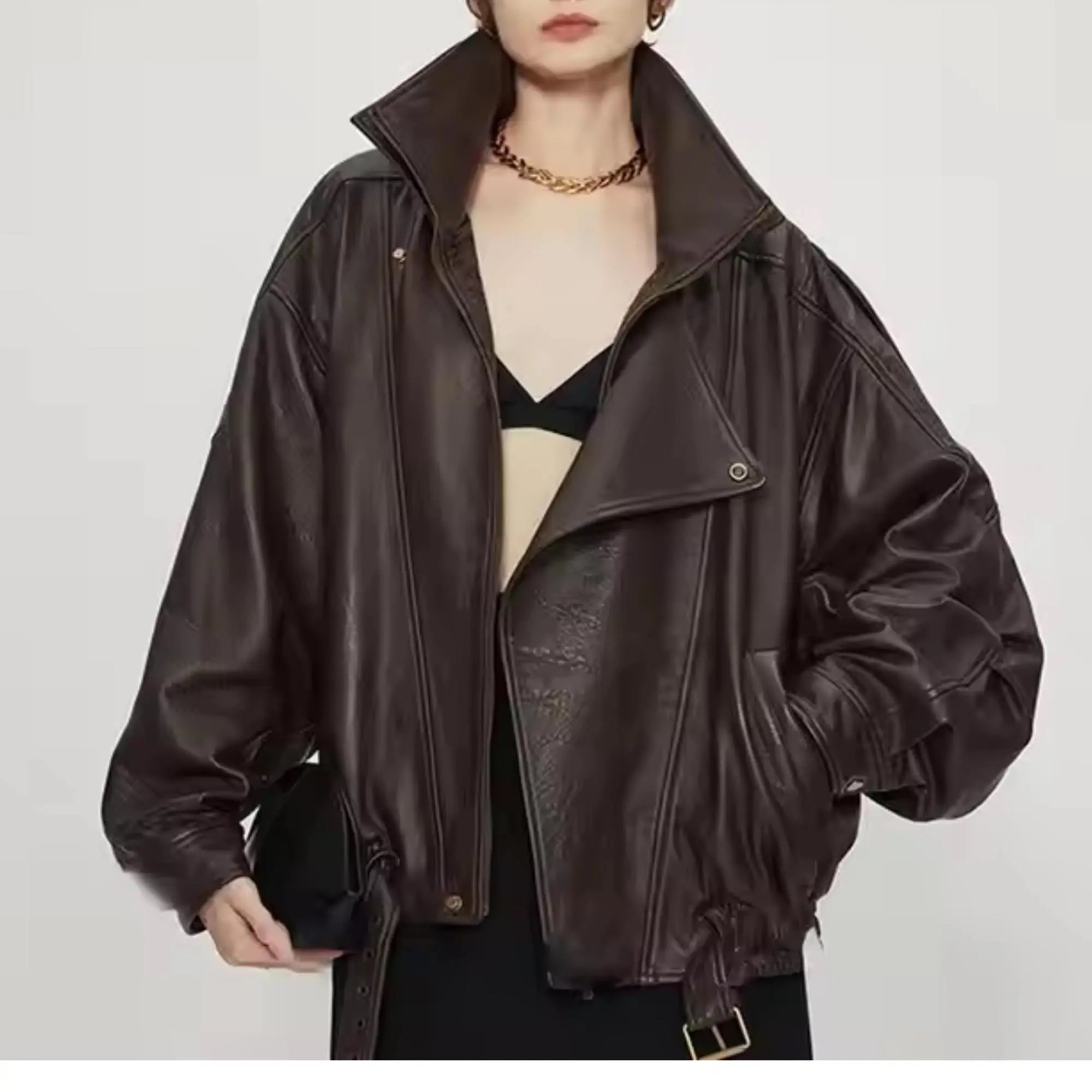 Brown Oversized Bomber Leather Jacket - FEASSA