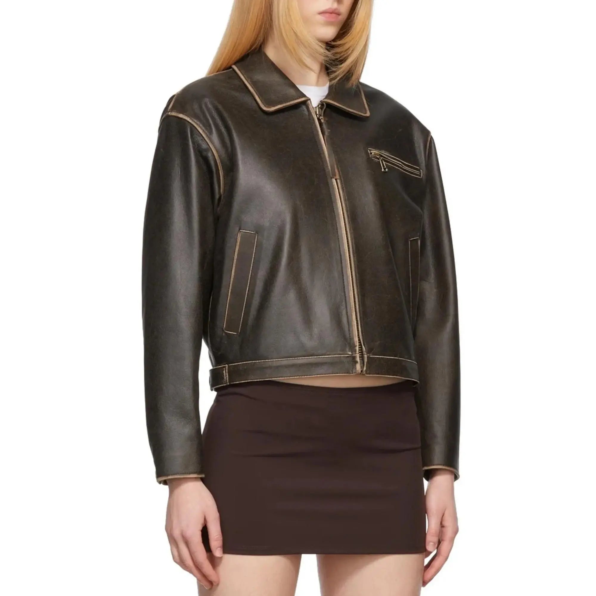 Distressed Brown Leather Jacket - FEASSA