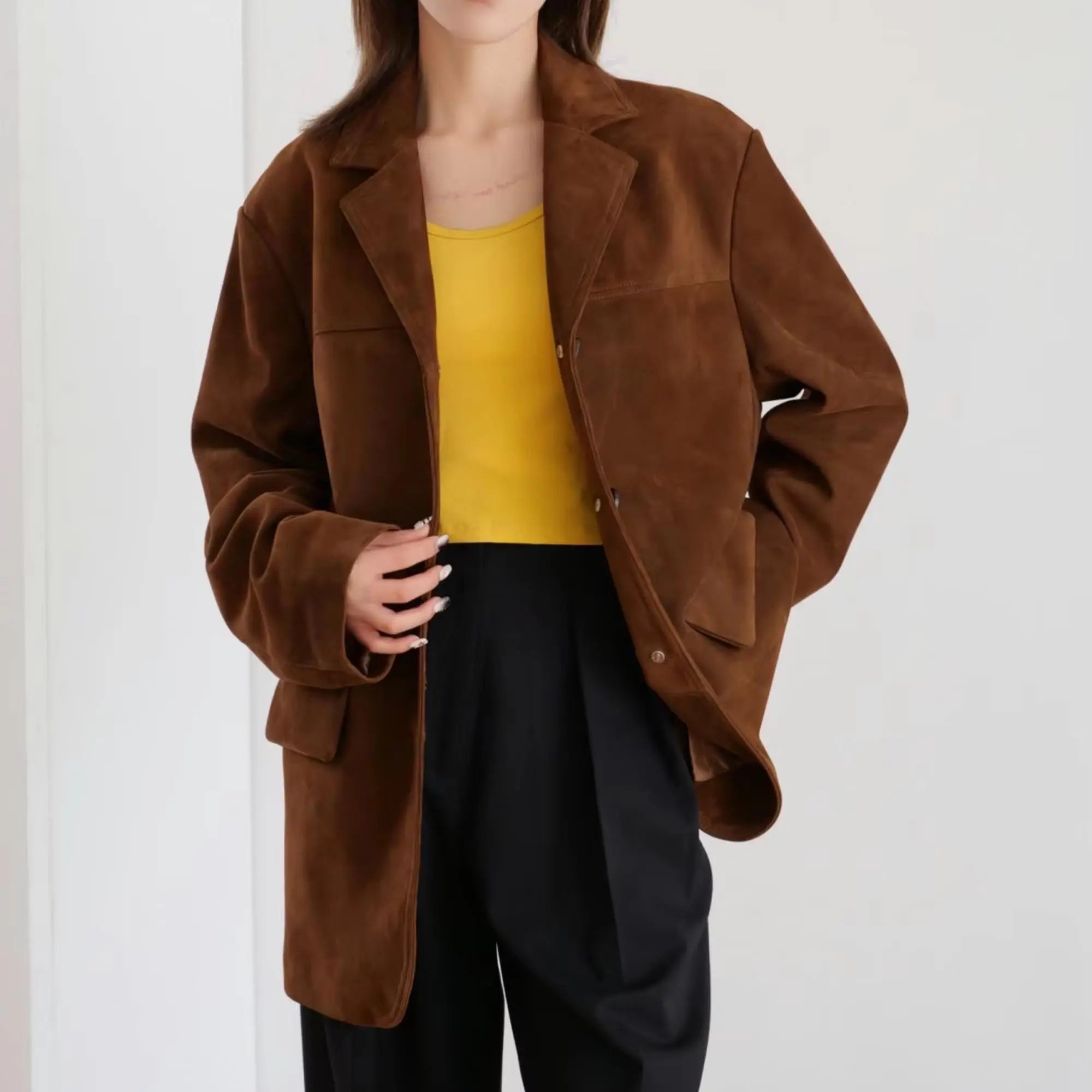 Brown Suede Leather Coat - FEASSA