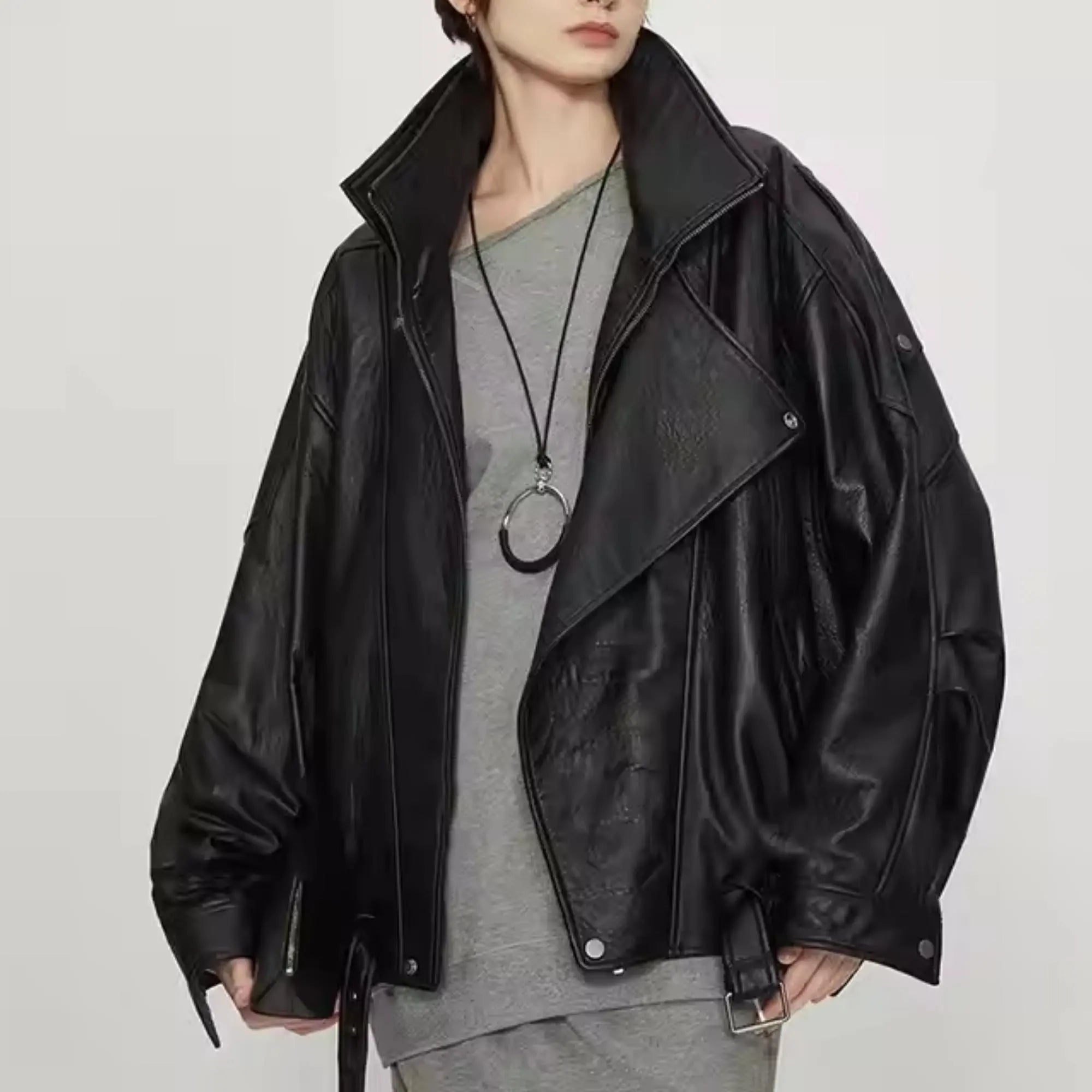 Brown Oversized Bomber Leather Jacket - FEASSA