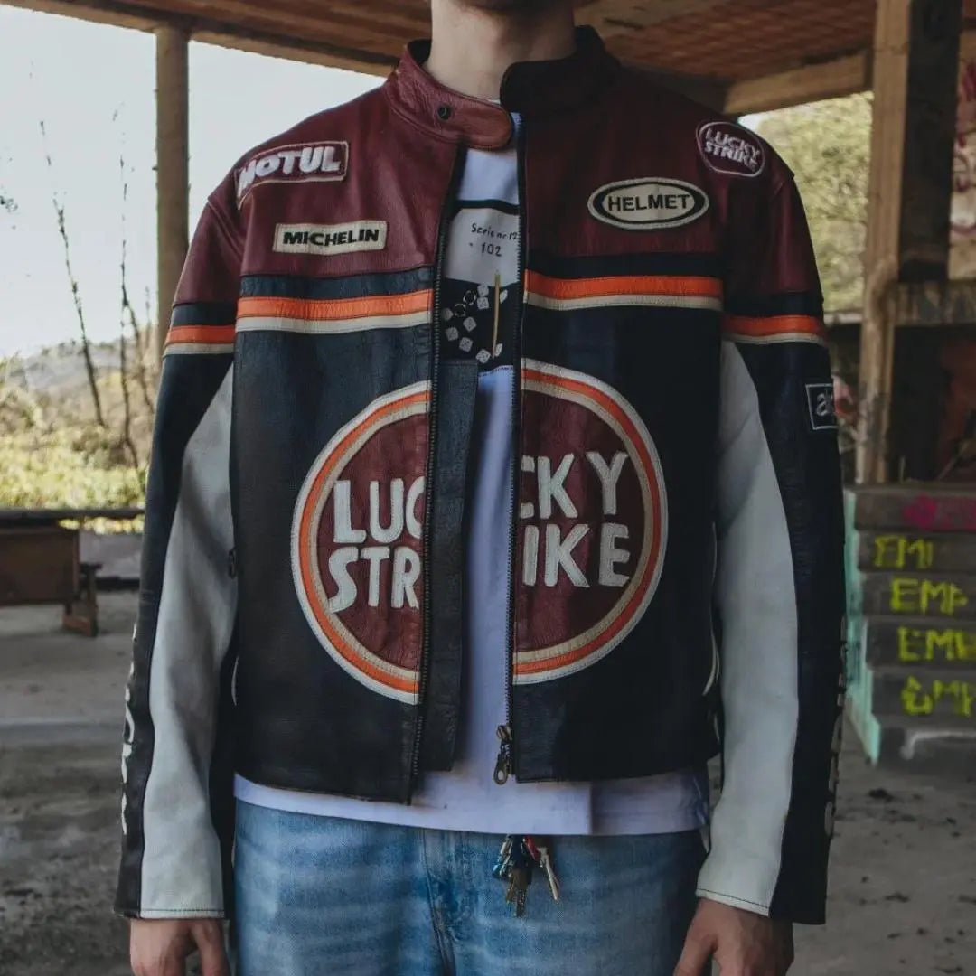 Lucky Strike Leather Jacket - Black & Dark Red - FEASSA