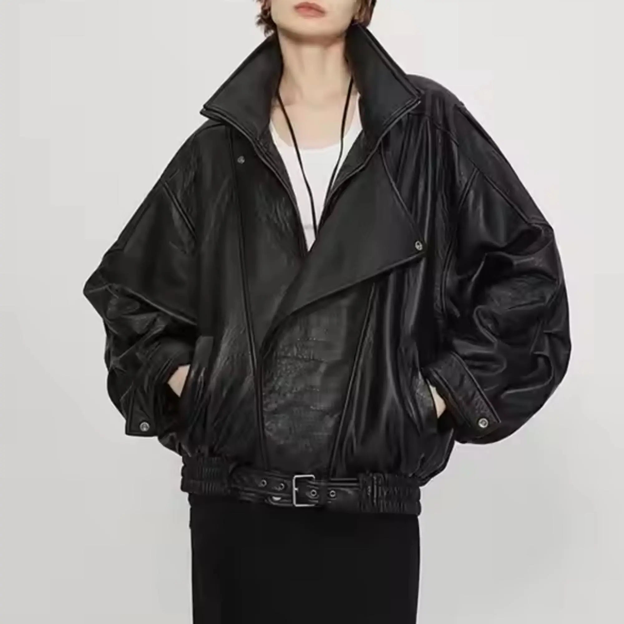 Brown Oversized Bomber Leather Jacket - FEASSA