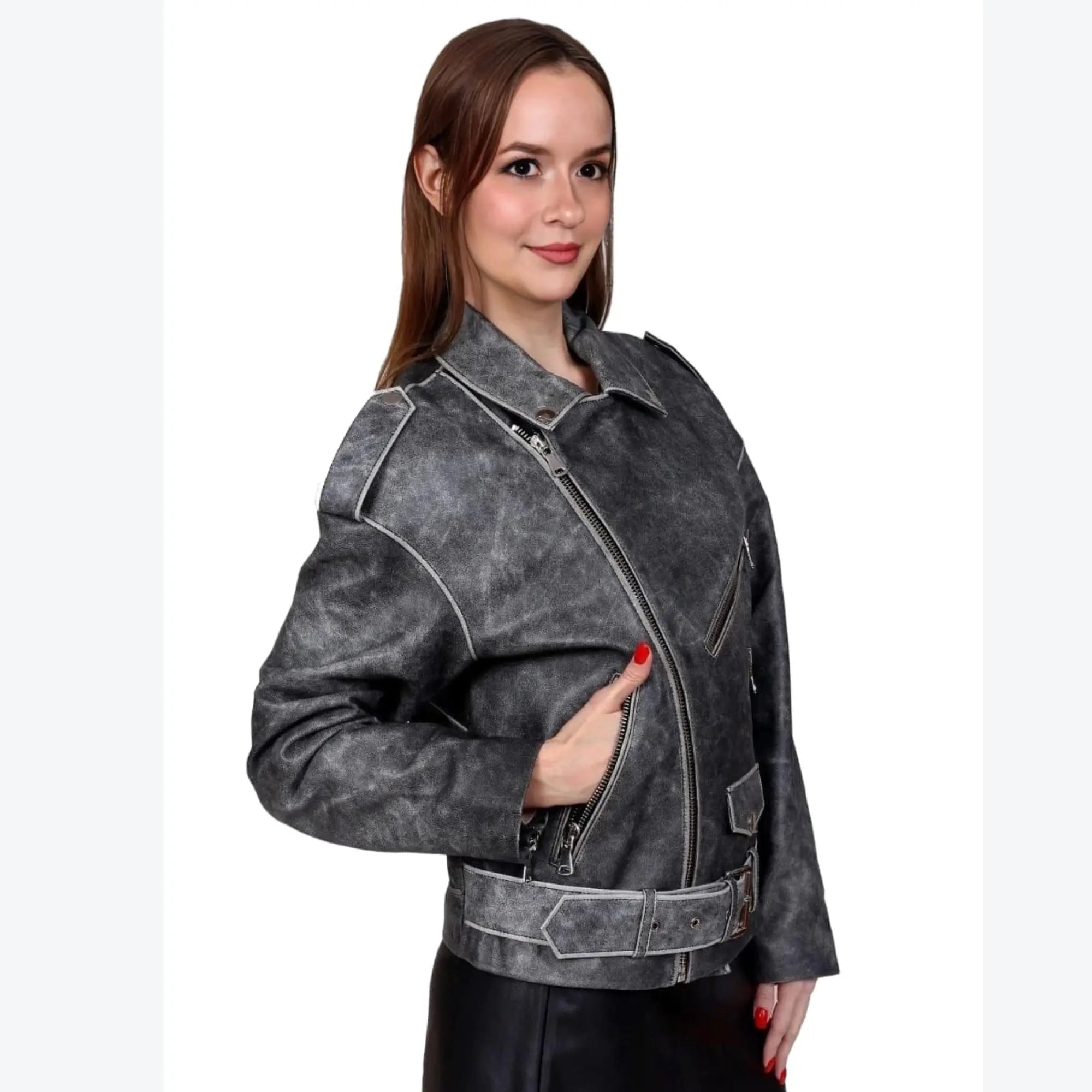 Vintage Effect Biker Leather Jacket - FEASSA