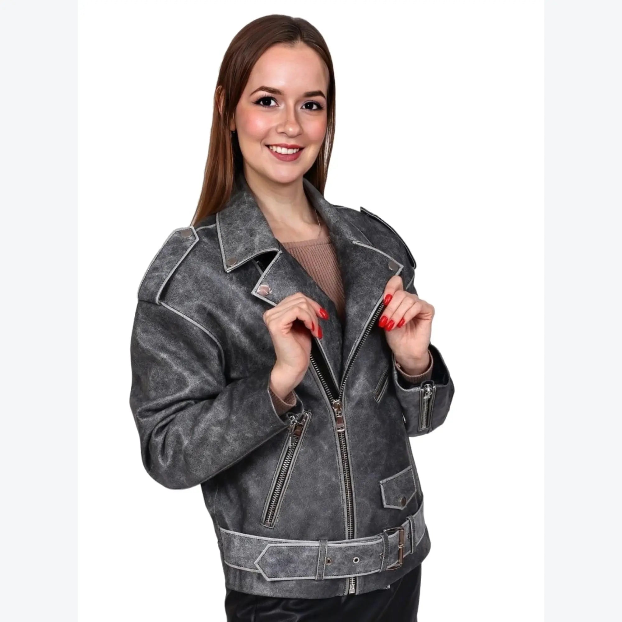 Vintage Effect Biker Leather Jacket - FEASSA