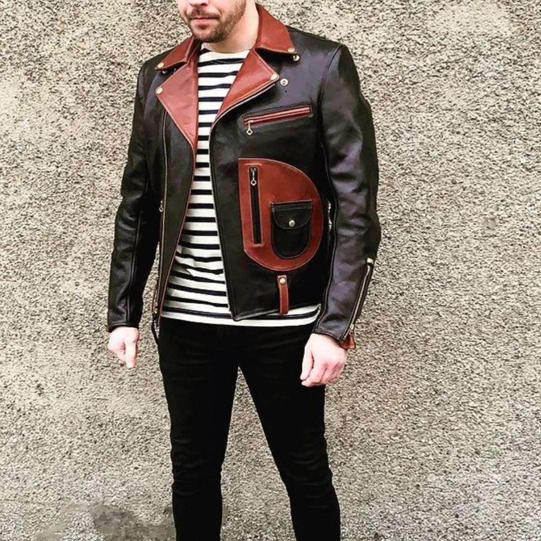 Two Tone Biker Leather Jacket - FEASSA