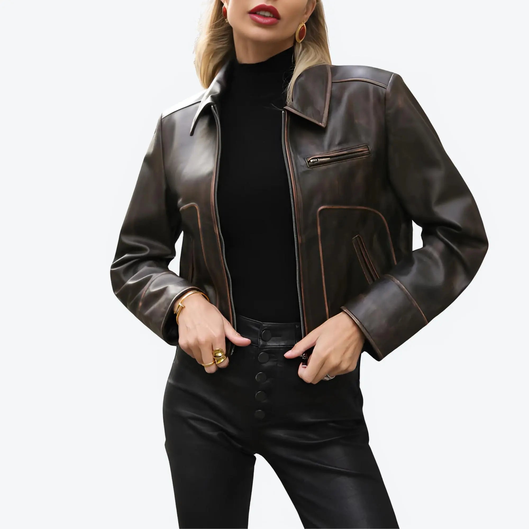 Lana Distressed Brown Leather Jacket - FEASSA